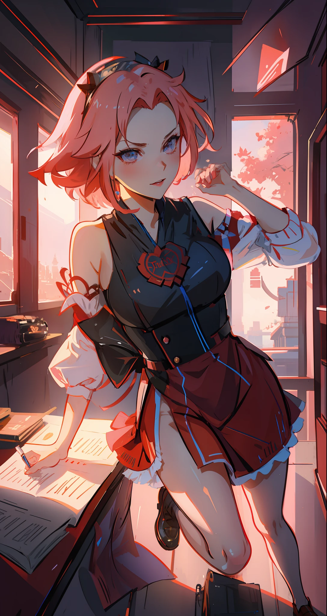 beautiful woman, seductive, ((forehead to show)) writing a love letter, in a classroom, attractive, sexy eyes, red dress, pink hair, delicate, young, short hair, full body, from League of Legends, trend at Artstation, by Rhods, Andreas Rocha, Rossdraws, Makoto Shinkai, Laurie Greasley, Lois Van Baarle, Ilya Kuvshinov and Greg Rutkowski