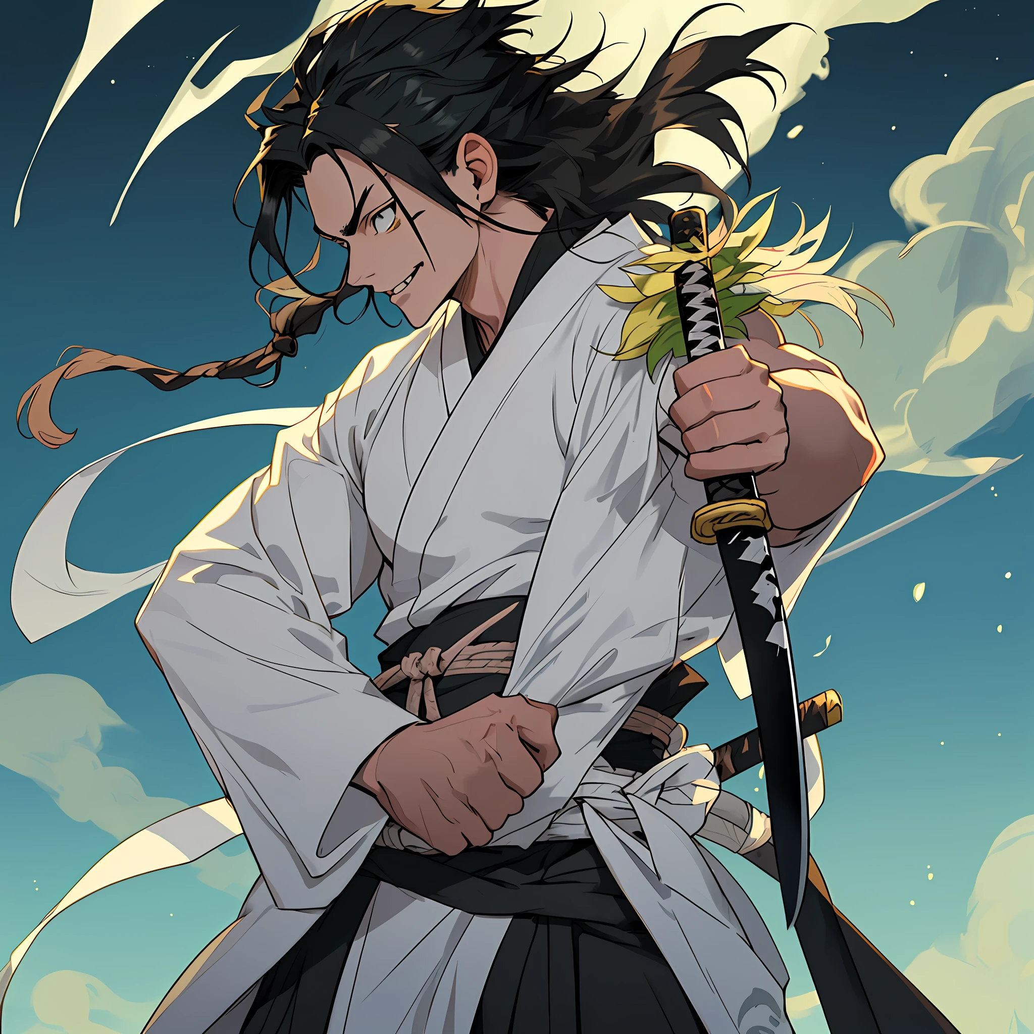 best quality (katana: 1.4), serious,(at night: 1.4), a single 18-year-old has long black hair that is loose to the winds, and poured down his body, smooth and shiny, which fall gently to his back. Her hair is thick and has a healthy appearance, contrasting with her fair skin. The young man's eyes are deep and emerald green, intense as two light pearls. They reflect calm and an inquisitive curiosity. With his upright posture, the young man shows a confident bearing and a cheerful and hyperactive aura. He wears a white kimono with blue-green details with patterned gray clouds, with a large yellow ribbon at his waist, sleeveless, made of a quality fabric. giving him the look of a swordsman. It has a golden lion tamarin on its shoulder. At his waist, he carries a white katana with gray details on the blade. The long, sharp blade is made of polished steel, reflecting light. The katana grip is wrapped in black leather, offering a firm and secure grip. The scabbard of the sword adorned with demonic symbols. Kimetsu no Yaiba style, alone, 1boy, muscular man, demon slayer style, loose hair, quiet look, smiling, tall, confident, only 1, spilled hair, loose and big hair