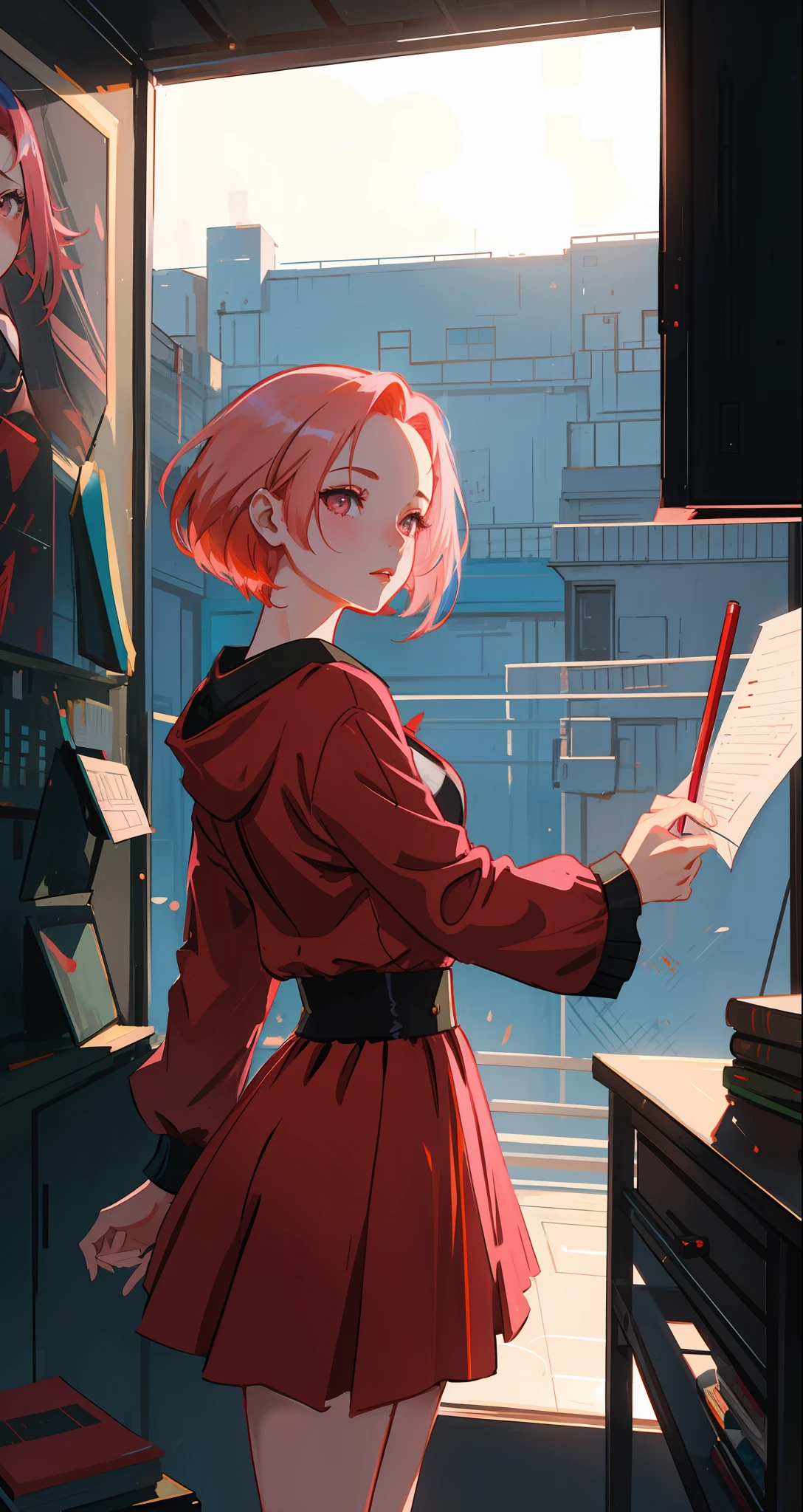 beautiful woman, seductive, ((forehead to show)) writing a love letter, in a classroom, attractive, sexy eyes, red dress, pink hair, delicate, young, short hair, full body, from League of Legends, trend at Artstation, by Rhods, Andreas Rocha, Rossdraws, Makoto Shinkai, Laurie Greasley, Lois Van Baarle, Ilya Kuvshinov and Greg Rutkowski