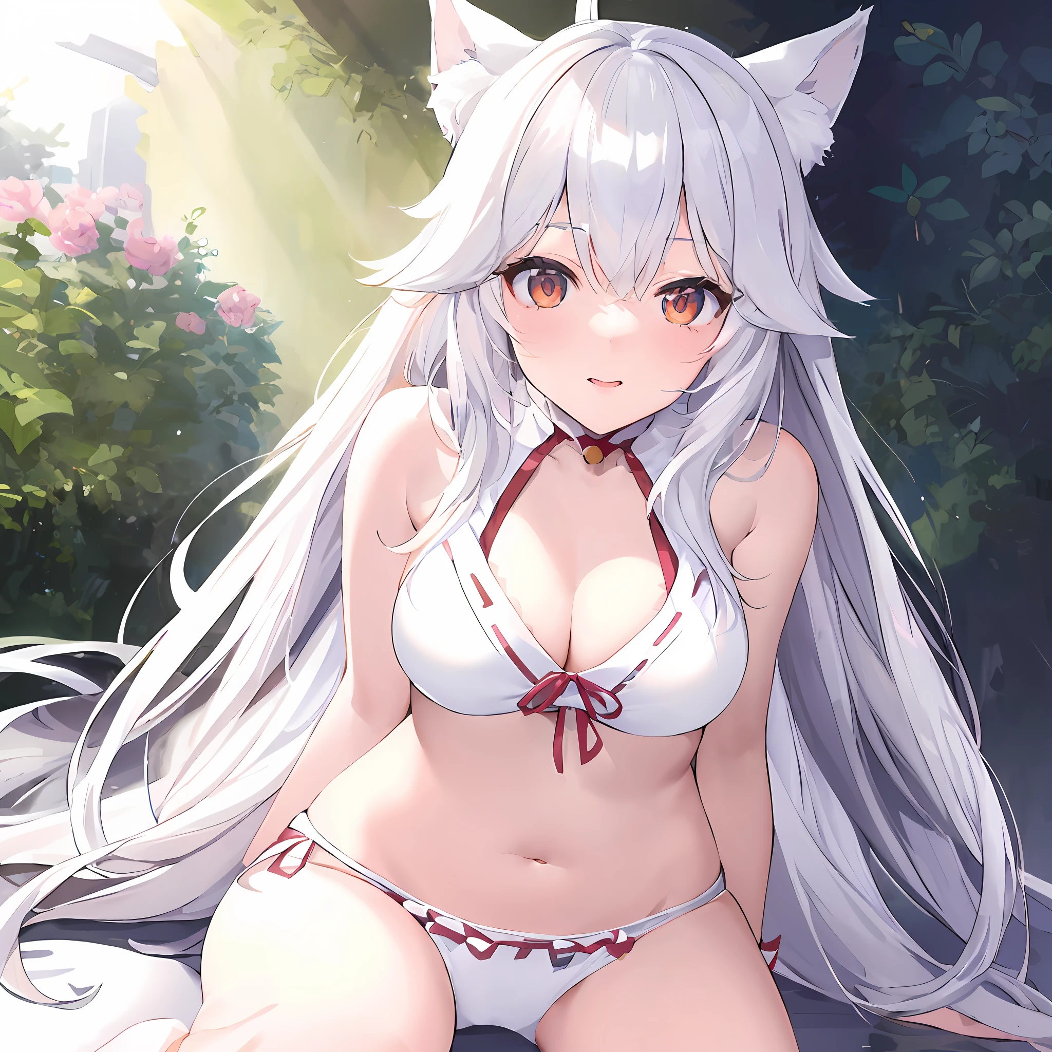 anime girl in a white bikini with long white hair and cat ears, white - haired fox, white cat girl, holo is a wolf girl, seductive anime girl, very beautiful anime cat girl, beautiful anime catgirl, holo if a wolf girl, white fox anime, white haired deity, cute anime catgirl, nyaruko-san, white fox ears