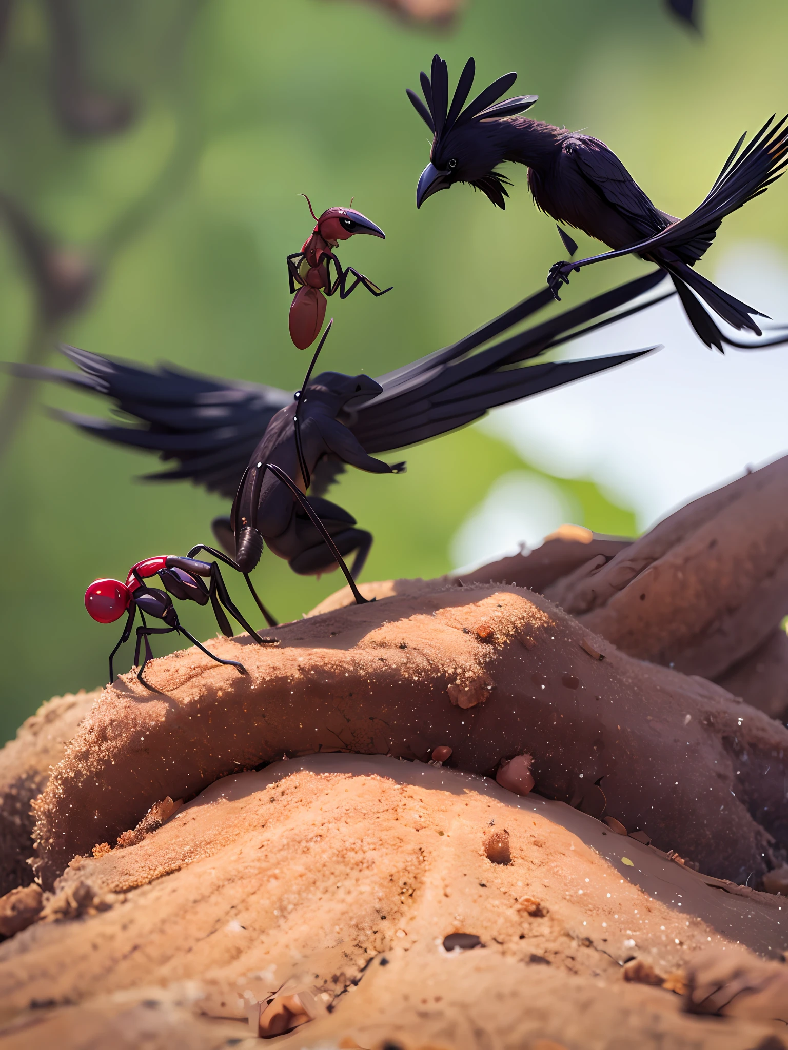 ants fighting a crow on top of a mound of dirt
