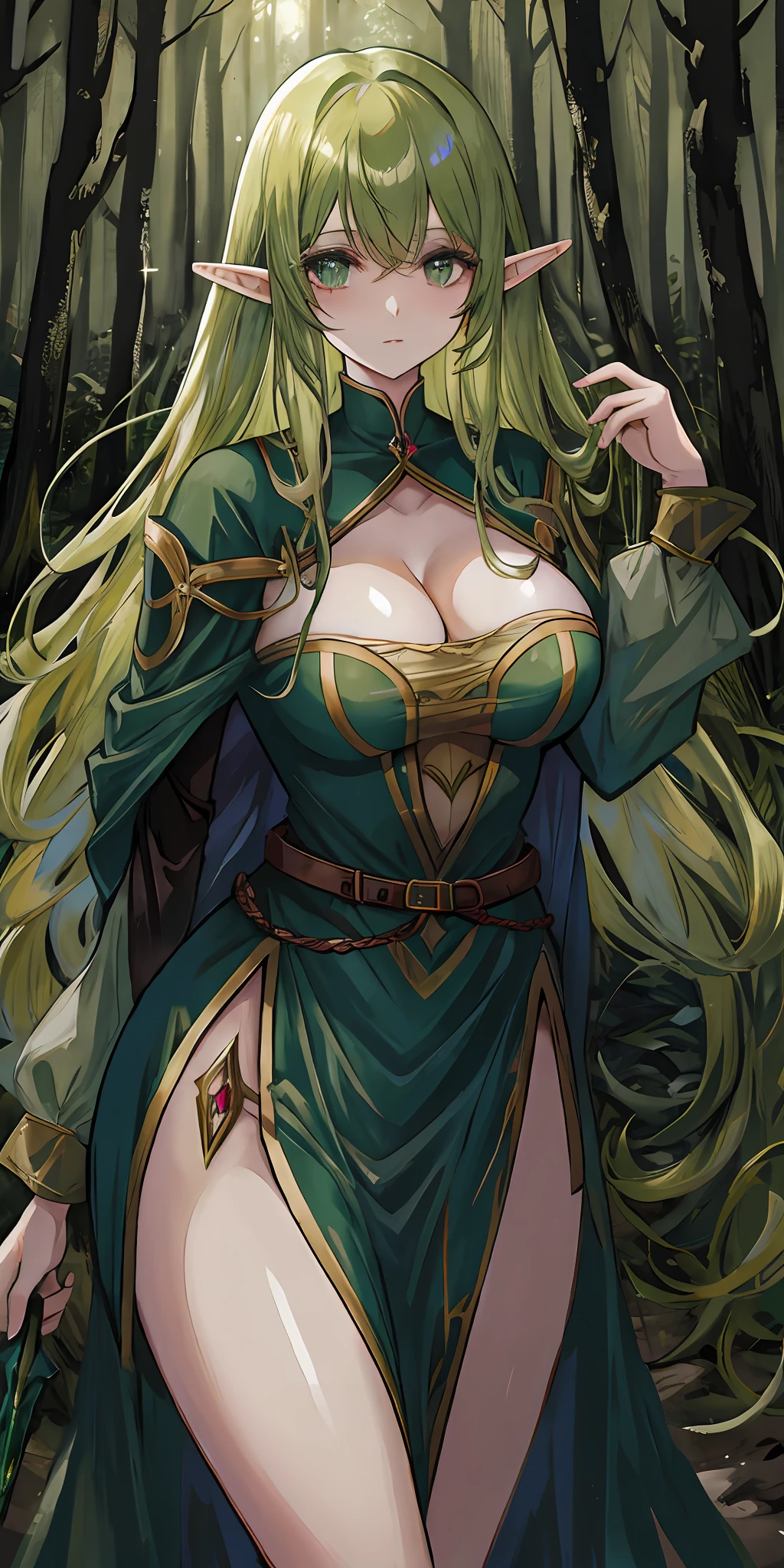 an elf girl with long straight almond curly hair, sharp eyes, sparkling with a sharp glow, wearing medieval clothes, in a dark and gloomy forest, ((best quality)), ((masterpiece)), (high-resolution:1.2)