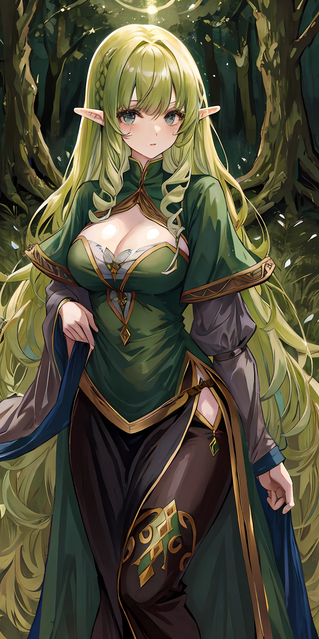 an elf girl with long straight almond curly hair, sharp eyes, sparkling with a sharp glow, wearing medieval clothes, in a dark and gloomy forest, ((best quality)), ((masterpiece)), (high-resolution:1.2)