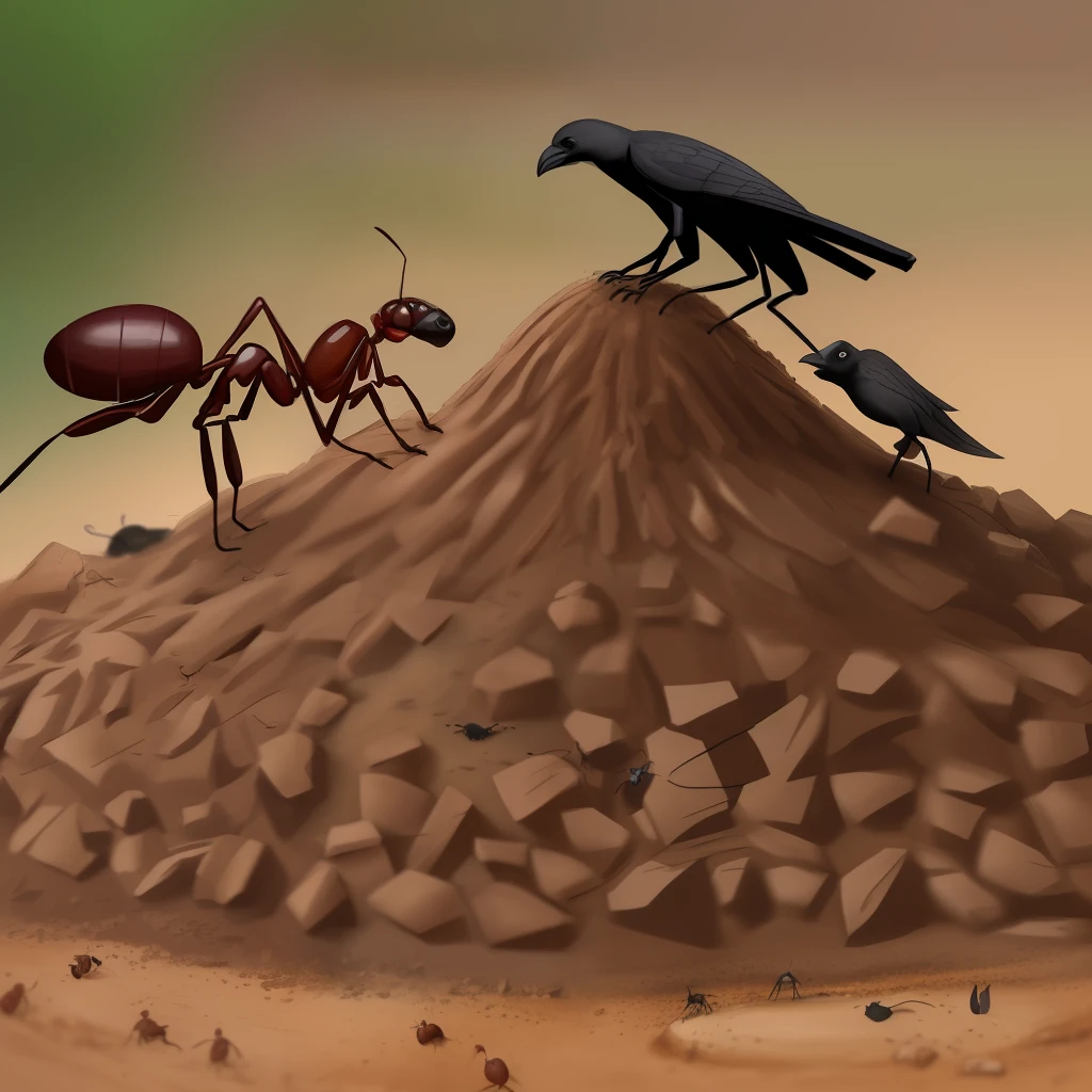 ants fighting a crow on top of a mound of dirt
