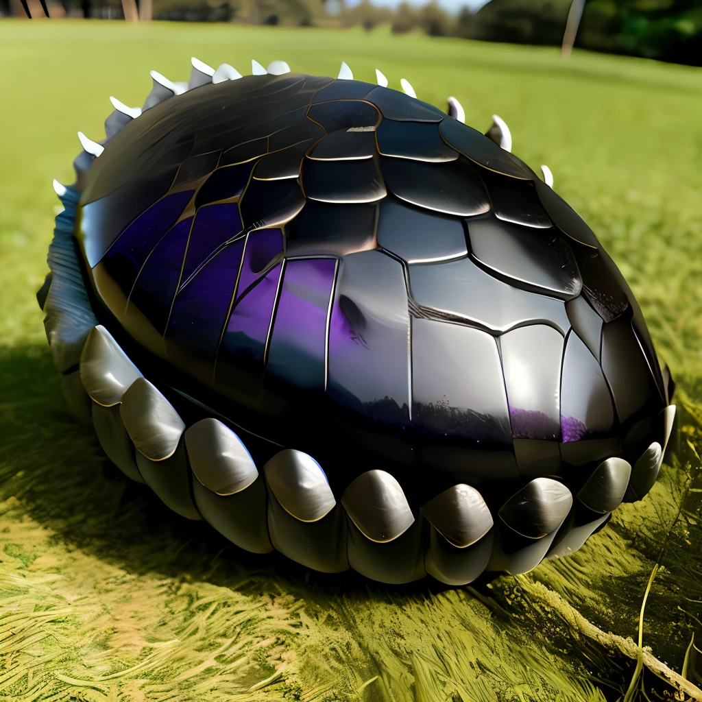 Detailed black purple tortoiseshell dragon egg laid on grass