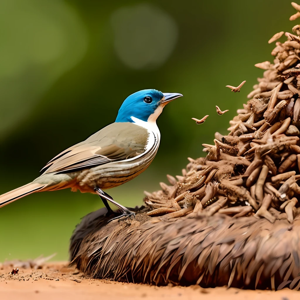 a bird pecking a huge anthill