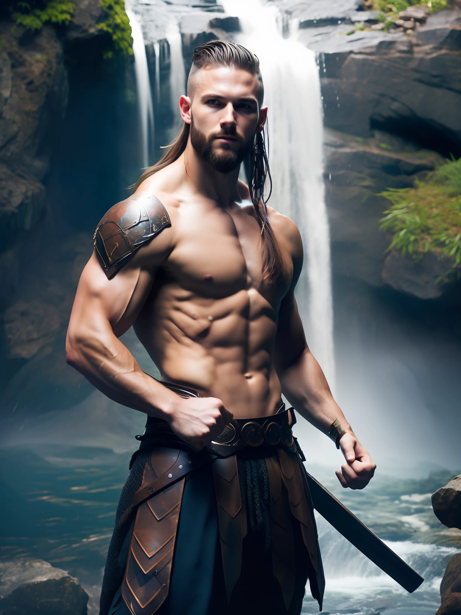 fking_scifi_v2, portrait of a young very handsome viking warrior, standing in a waterfall, cliffs, close up, victory pose and attitude.