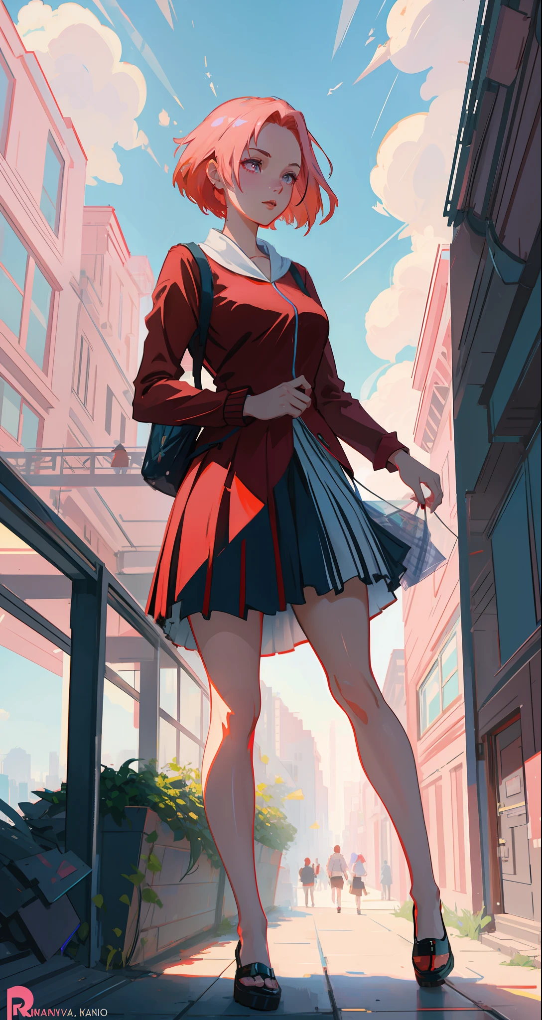 beautiful woman, seductive, ((forehead the show)) student, going to school, attractive, sexy eyes, red dress, forehead to show, queen, pink hair, delicate, young, short hair, full body, from League of Legends, trend at Artstation, by Rhods, Andreas Rocha, Rossdraws, Makoto Shinkai, Laurie Greasley, Lois Van Baarle, Ilya Kuvshinov and Greg Rutkowski