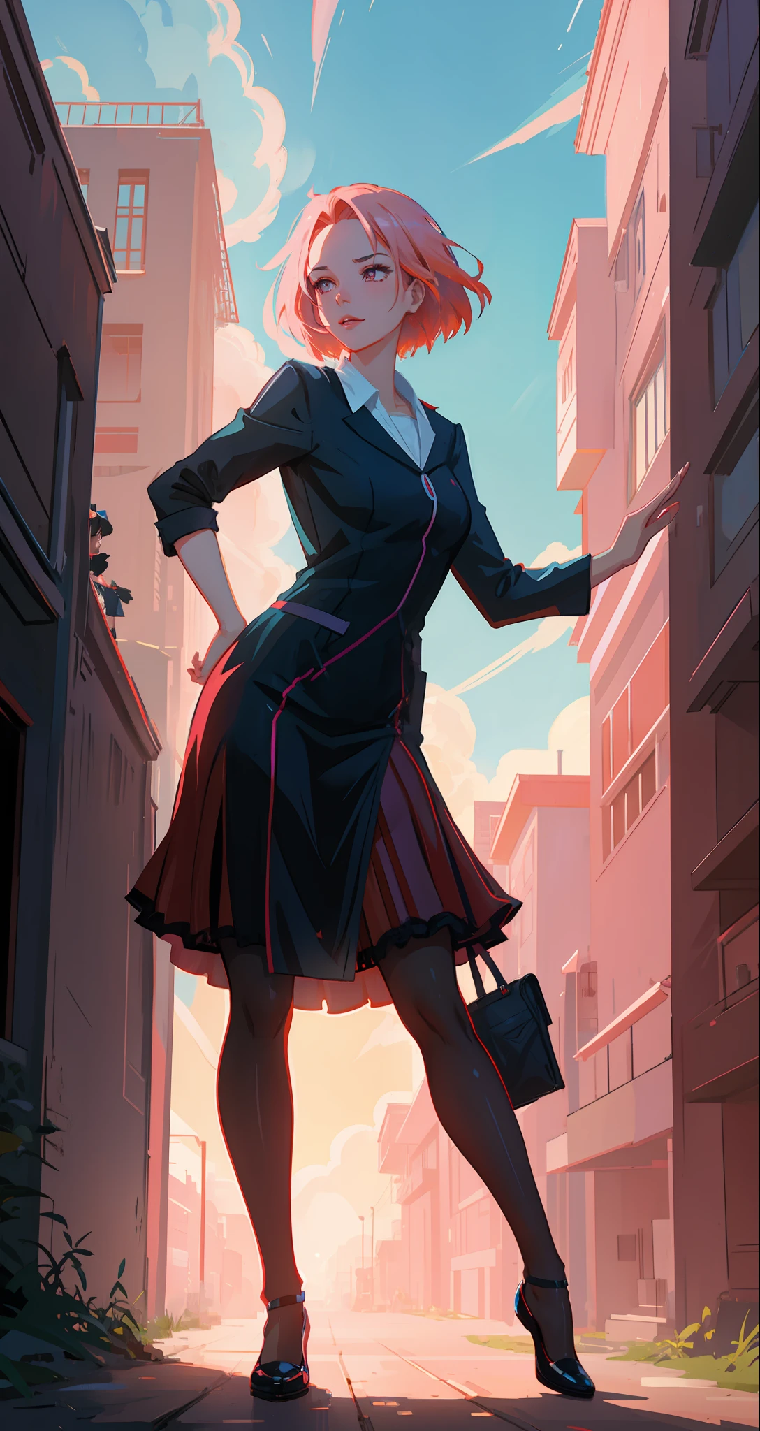 beautiful woman, seductive, ((forehead the show)) student, going to school, attractive, sexy eyes, red dress, forehead to show, queen, pink hair, delicate, young, short hair, full body, from League of Legends, trend at Artstation, by Rhods, Andreas Rocha, Rossdraws, Makoto Shinkai, Laurie Greasley, Lois Van Baarle, Ilya Kuvshinov and Greg Rutkowski