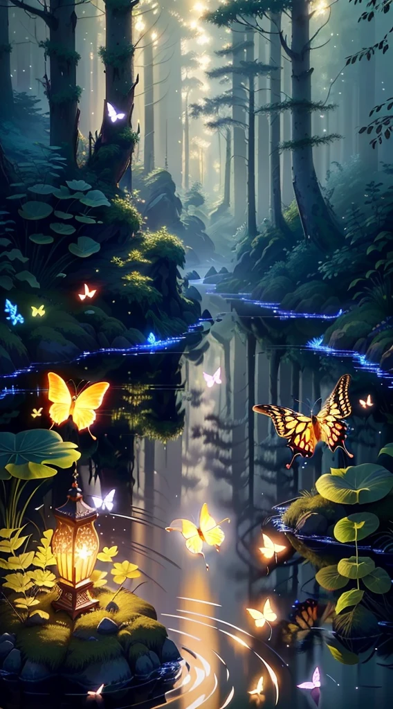 A masterpiece, the best quality, stunning reflections, the best reflections ever. (very detailed CG unity 8k wallpapers), (best quality), (best illustrations), (best shadows), forest theme with natural elements. Tall trees, quiet streams, small glowing mushrooms surrounded by delicate leaves and branches, with fireflies and glowing particle effects,, (natural elements), (jungle theme), (leaves), (twigs), (fireflies), butterflies, (delicate leaves), (glow), (particle effects). , Isometric 3D, Octane Rendering, Ray Traced, Super Detailed