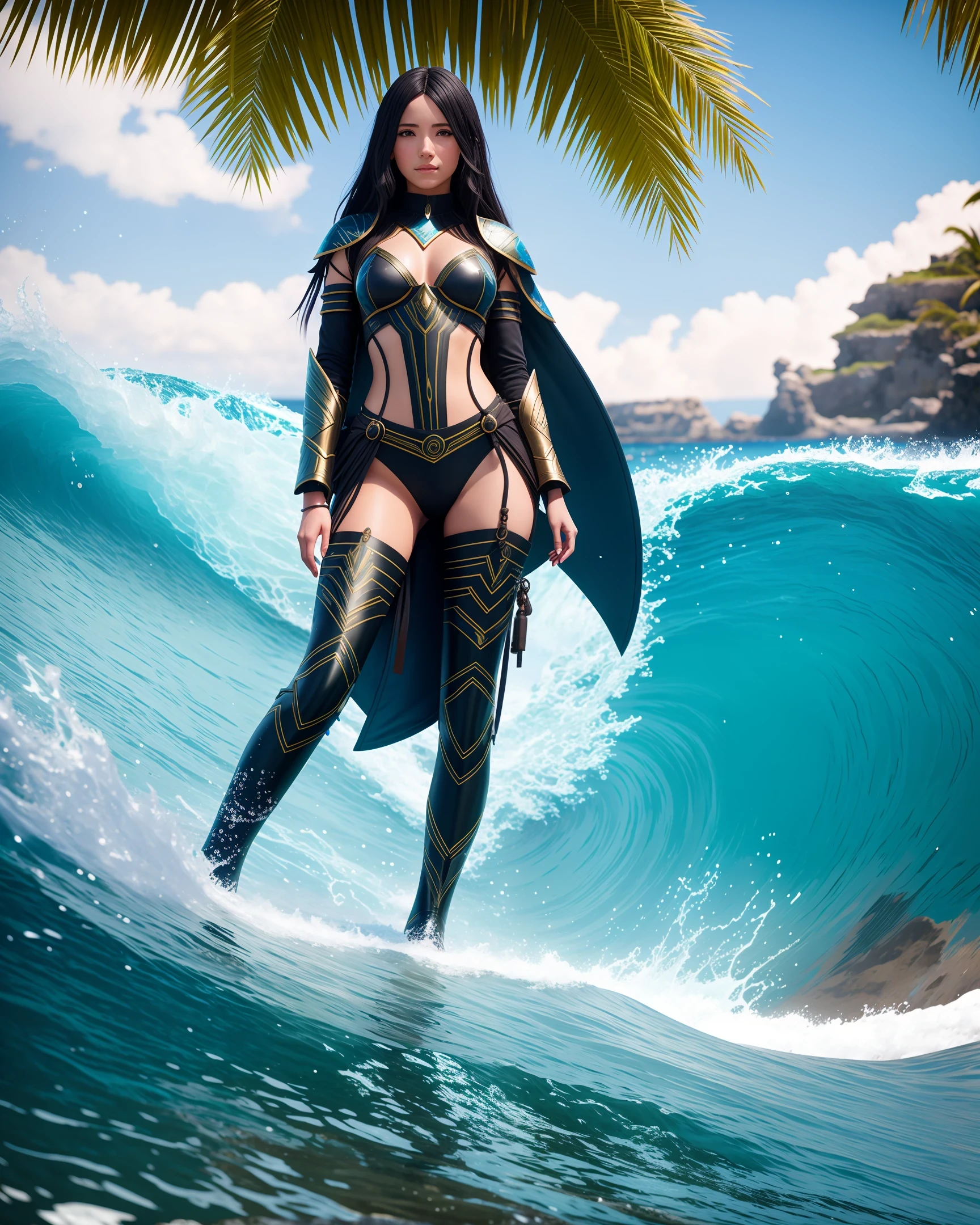 [female spellcaster, covered battle suit, with decoration, barefoot], [water magic, casting water spell], [detailed face, long black hair], [Character, barefoot, inside big wave], [Background, beach, ocean palm-tree], realistic, masterpiece, highly detailed, UE5, 8k