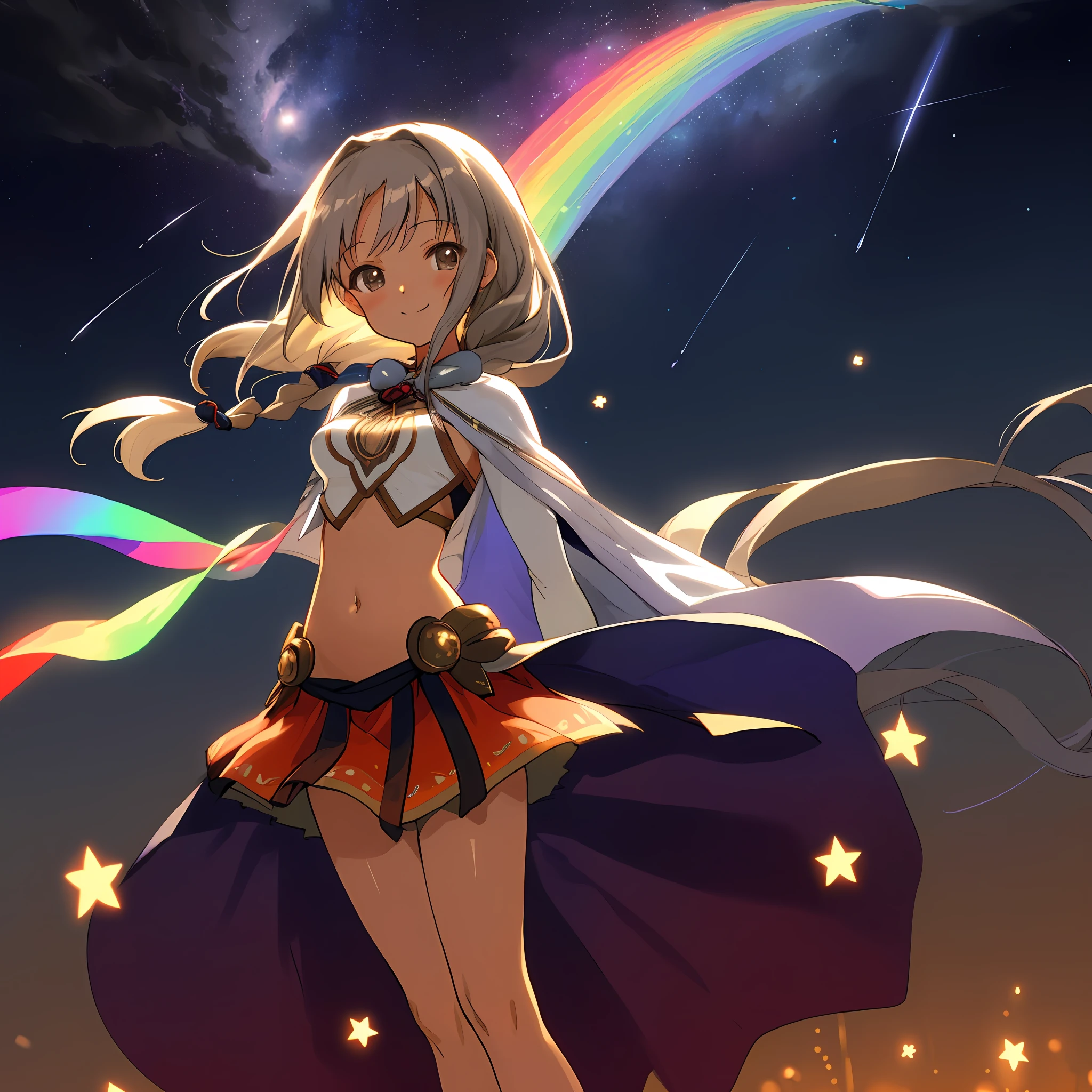 Tan skin, Aztec, anime girl, medium breasts, slender legs, thick thighs, mystical, midriff, stomach, medium skirt, sheer silver top, (brunette hair), long flowing hair, full body, gray eyes, (mature), small smile, head tilt, cute eyes, small sheer cloak, moon lit background, five fingers, normal hands, high resolution, (two arms), normal human hands, 2 arms, best quality, vibrant colors, rainbow, hands behind back, elbows bent 90, anime girl, goddess, clenched fists, stars, shooting stars background