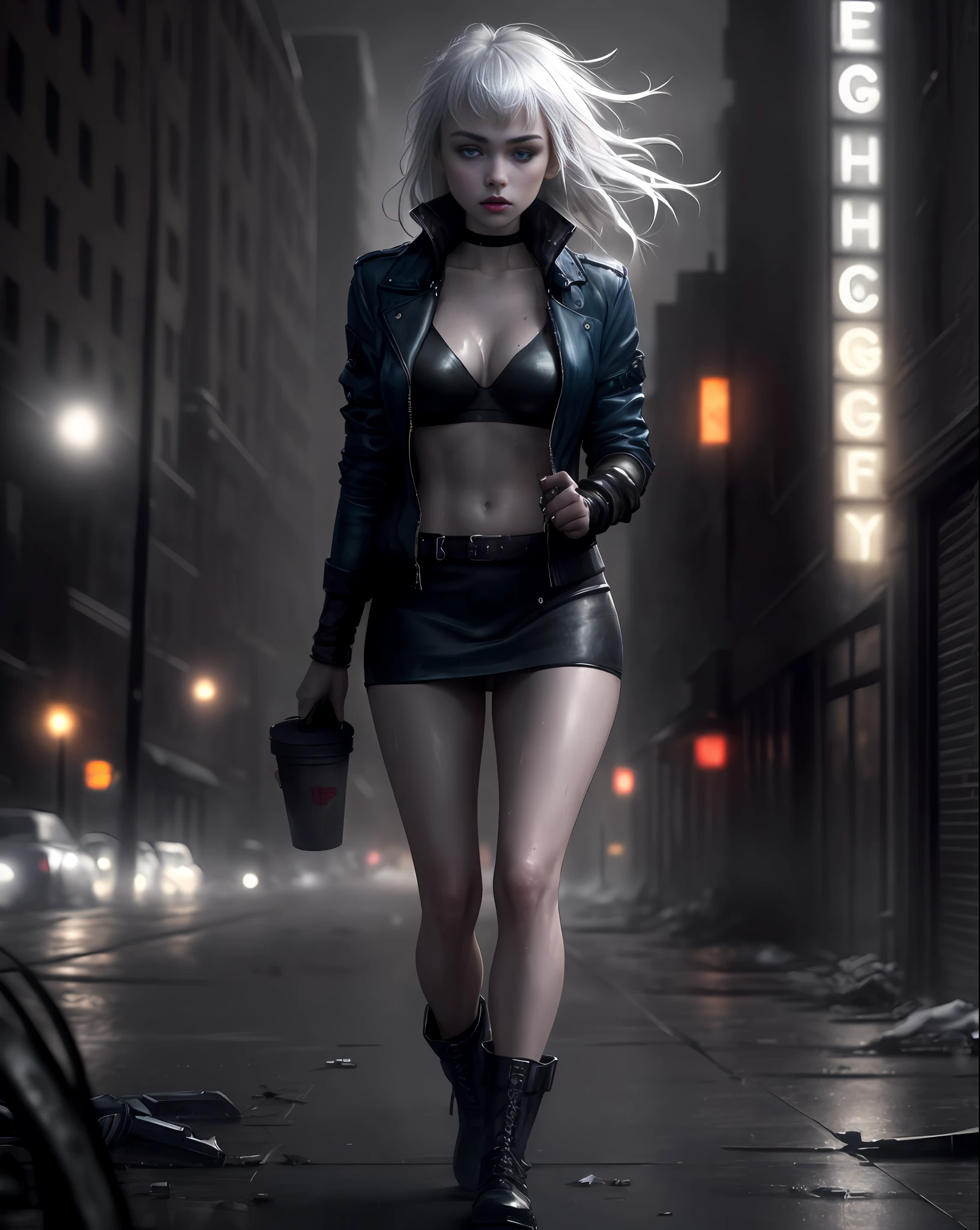Imogen Poots beautiful and bold, seductive, pointed breasts, dark lipstick, blue eyes, sweaty body, open black jacket, short skirt, boot, white hair with black lock, thick legs, attractive. Deserted and abandoned city, apocalyptic scenery, cinematic effect, night, cold, dark street, (Best quality, masterpiece, depth of field, Full HD, 4K, richness of detail). Portrait style