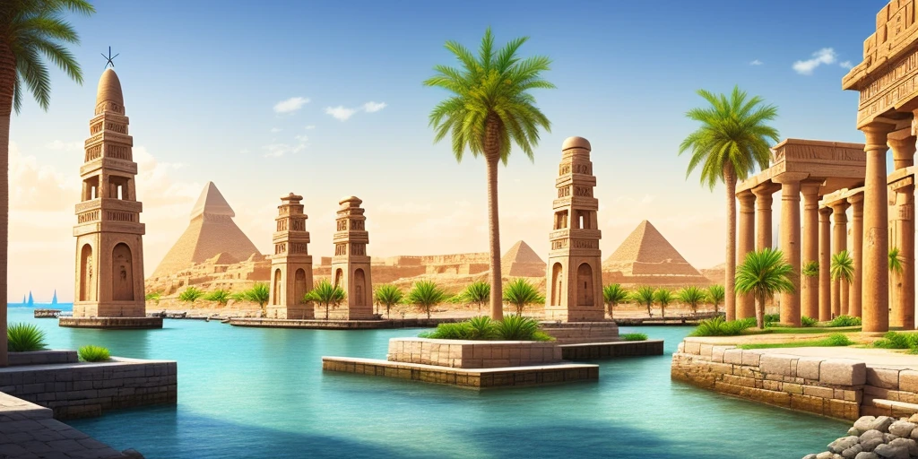 Best quality, masterpiece, ultra high res, detailed background, photorealistic, ancient harbor, egypt, lush palms and grasses growing, sandstone and granite buildings covered in carved hieroglyphics in the background, towering obelisks,