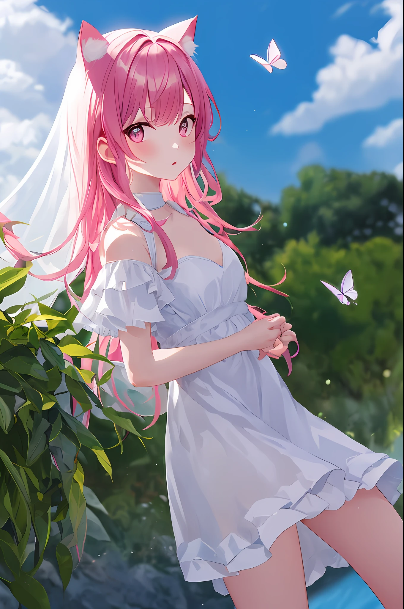 fairy wings, white dress, cat ears, fairy, pink hair, butterfly, sky, cloud, 1girl, looking at viewer, looking at viewer, simple background, water,