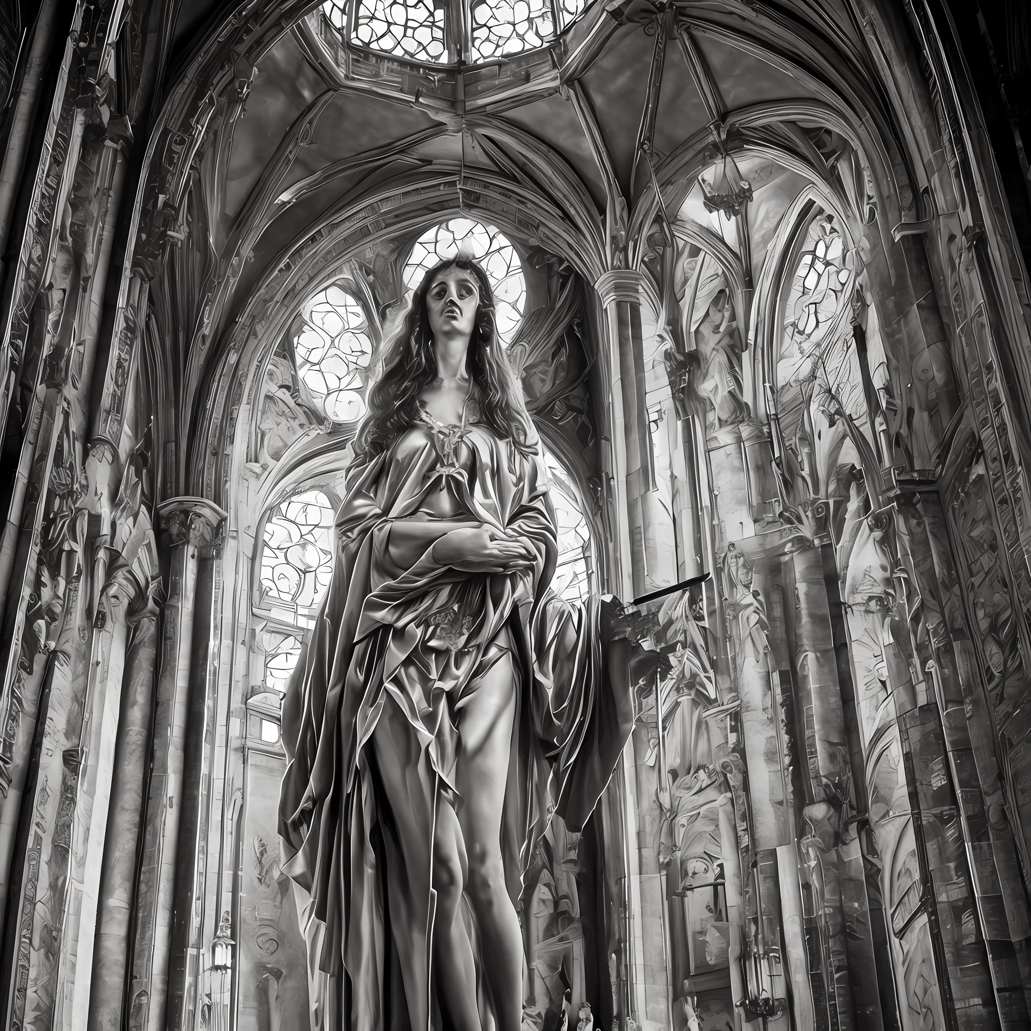Jesus Christ, female version, sitting on a Cross inside a church, with a very thin seventh-shirt on the body, black but not transparent, neckline of the breasts, large and heavy, beautiful feet and barefoot, thick thighs, beautiful and sexy face, vulgar look. Tattoos with references to Nietzche on their thighs with the writer "fire on the racists" all over the cross. Ultra realistic art in 8k without nudity