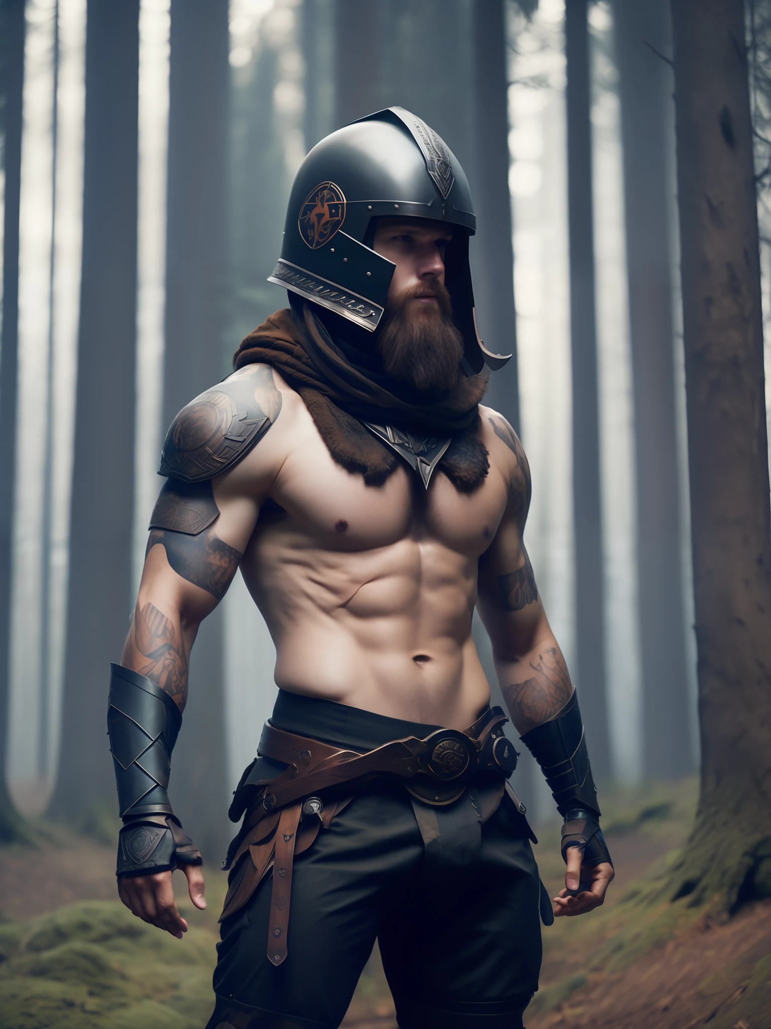 fking_scifi_v2, portrait of a young very handsome viking warrior, tattooed, hairy body, using a viking helmet standing in front of a smoky forest, close up, victory pose and attitude.