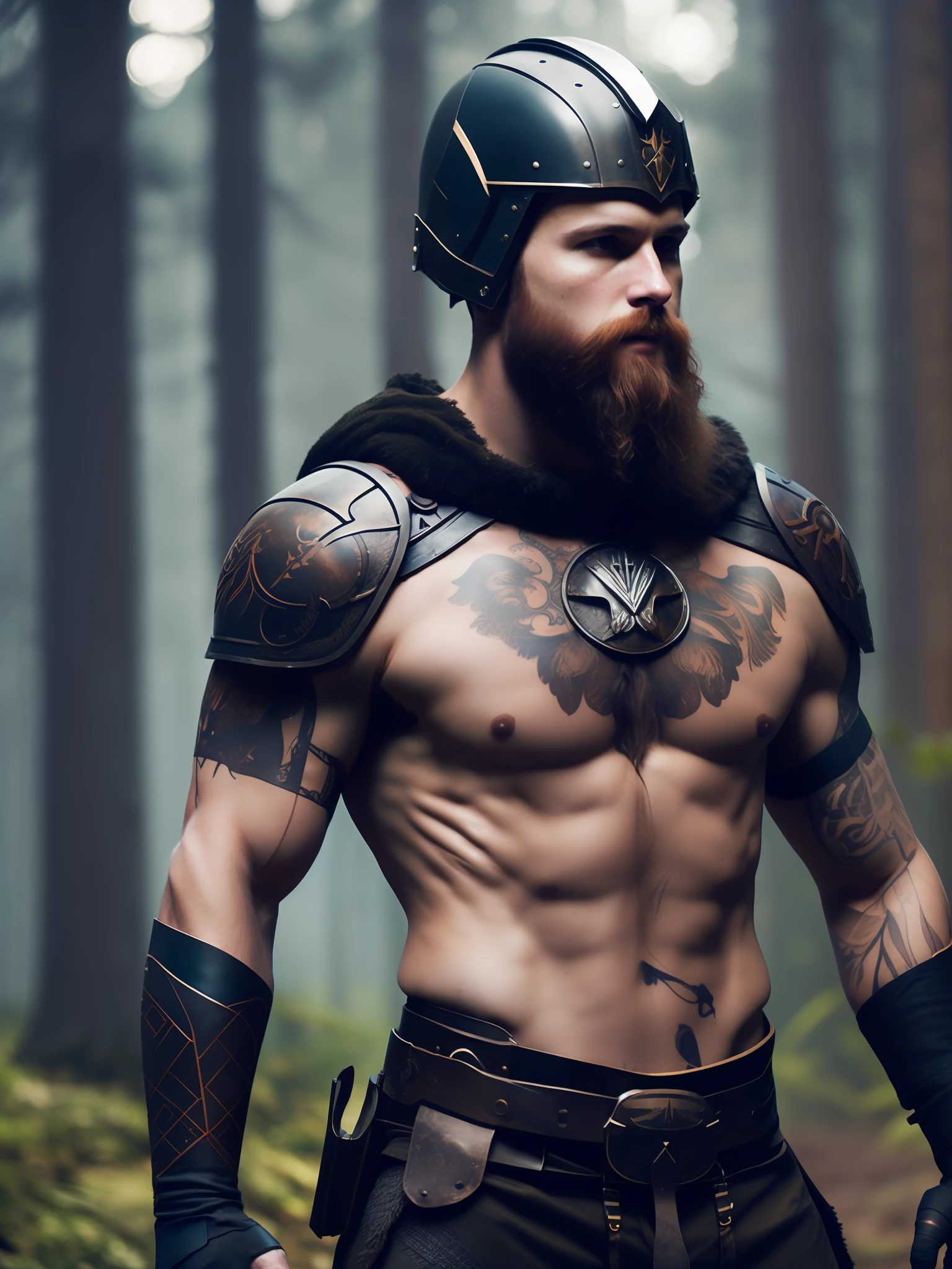 fking_scifi_v2, portrait of a young very handsome viking warrior, tattooed, hairy body, using a viking helmet standing in front of a smoky forest, close up, victory pose and attitude.