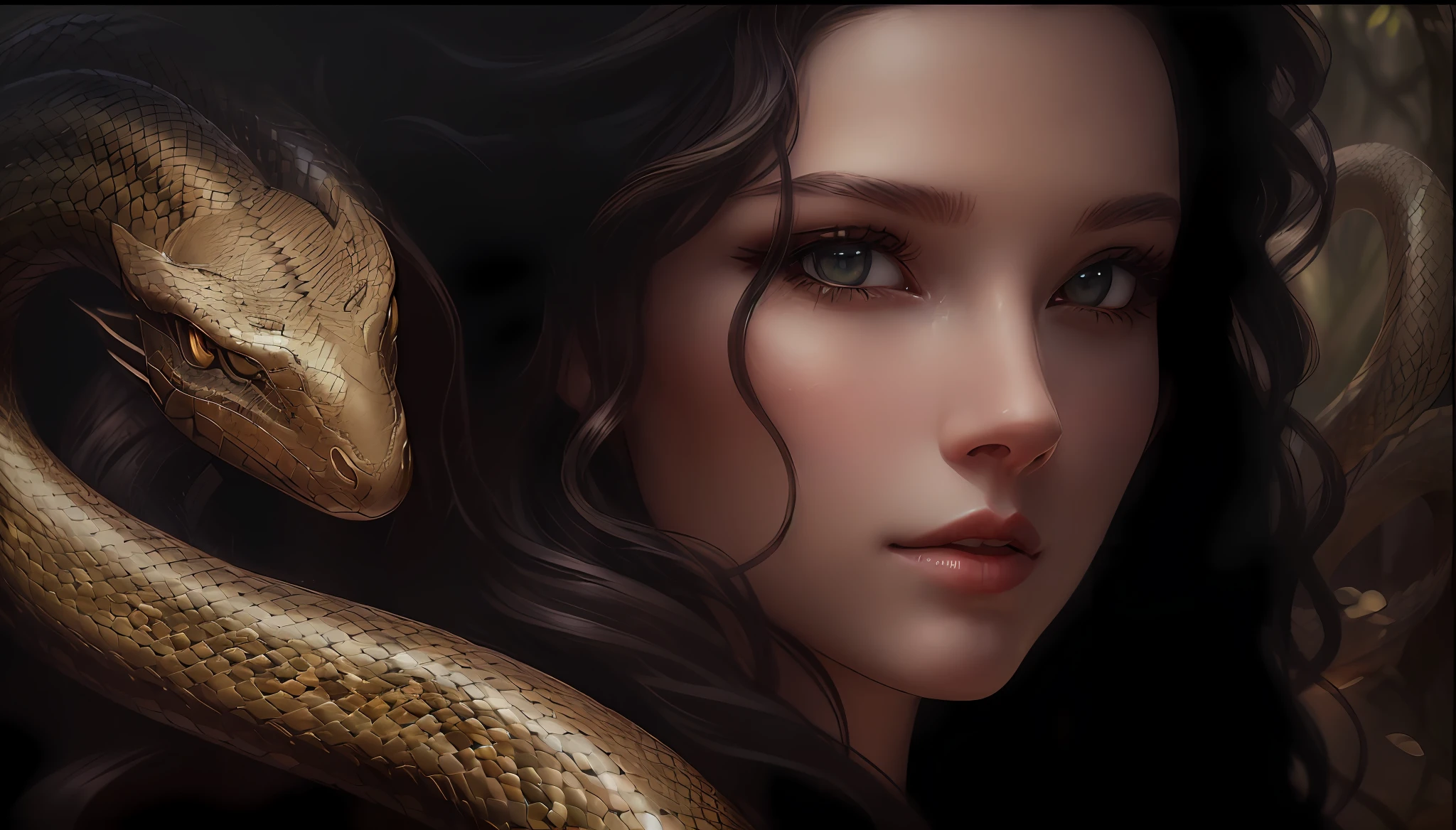 "(Masterpiece) Redraw the serpent and complete the woman's hair with (ultra-detailed) hyper-realistic details, best shadows and illumination. Dynamic pose and angle with a wide shot of (1 woman), emphasizing her gorgeous (long hair AND serpent) as the centerpiece. (Delicate and beautiful) facial details, including (eye color), and (clothing description). (Nature scene) with (depth of field) and (volumetric light) to enhance the overall atmosphere."