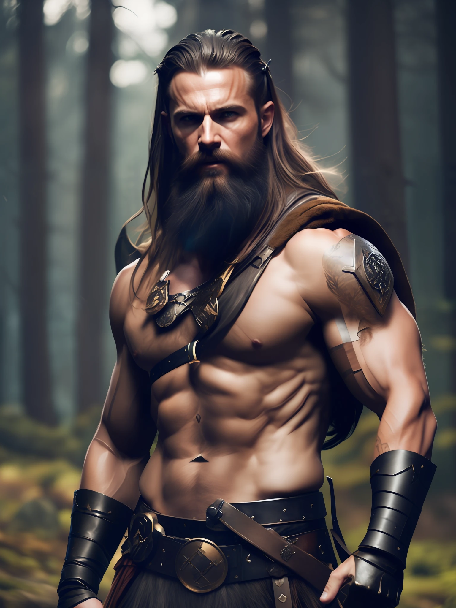 fking_scifi_v2, portrait of a mature very handsome viking warrior, long and windy hair, strong and hairy, standing in front of a smoky forest, close up, victory face, pose and attitude of a winner.