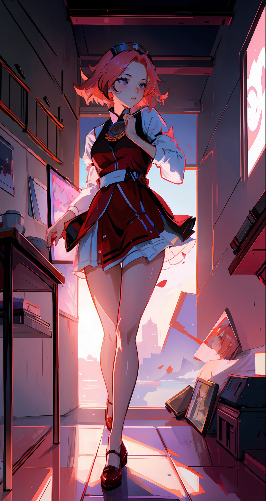 beautiful woman, seductive, ((forehead to show)) writing a love letter, in a classroom, attractive, sexy eyes, red dress, pink hair, delicate, young, short hair, full body, from League of Legends, trend at Artstation, by Rhods, Andreas Rocha, Rossdraws, Makoto Shinkai, Laurie Greasley, Lois Van Baarle, Ilya Kuvshinov and Greg Rutkowski