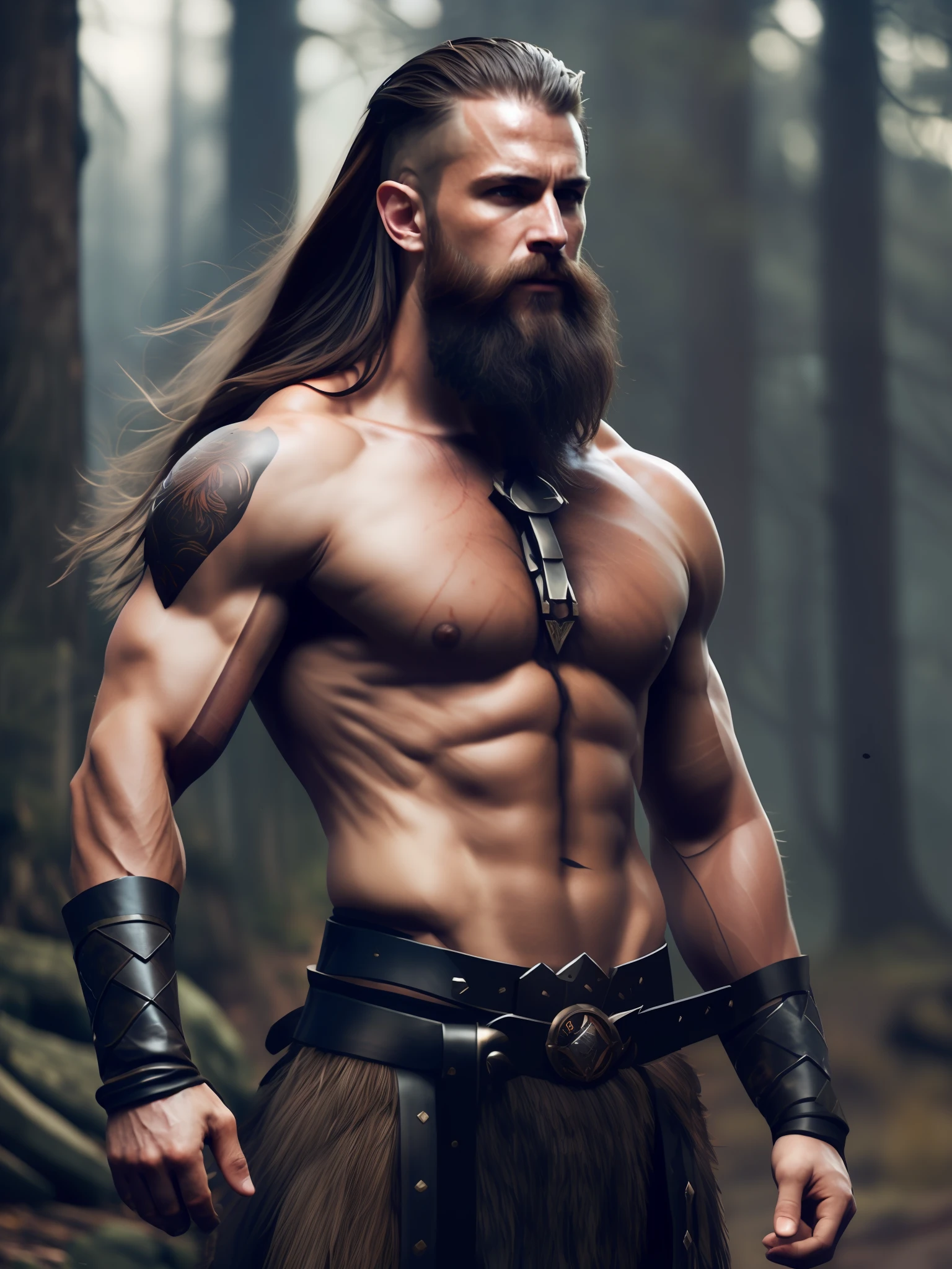 fking_scifi_v2, portrait of a mature very handsome viking warrior, long and windy hair, strong and hairy, standing in front of a smoky forest, close up, victory face, pose and attitude of a winner.