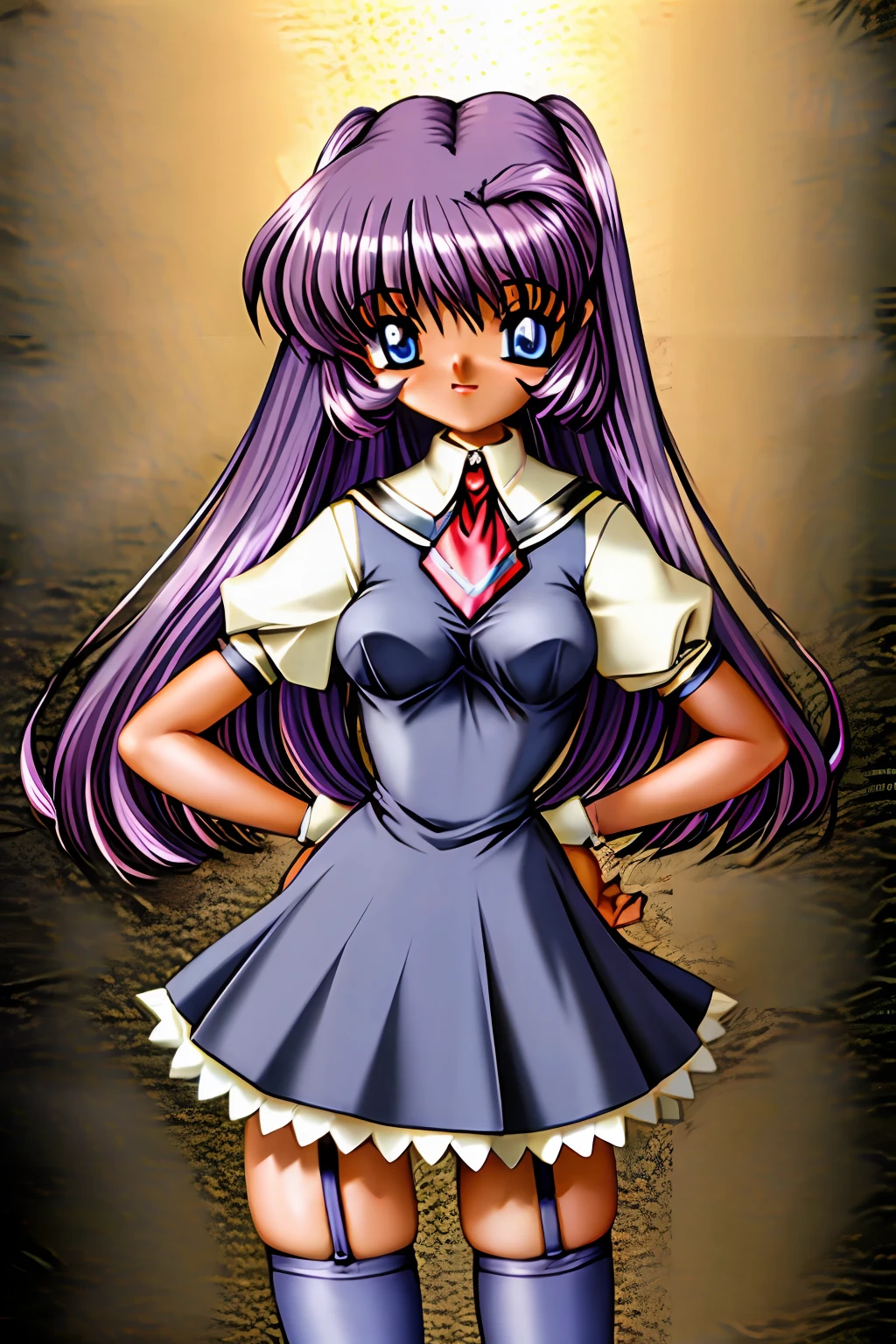 scan, masterpiece, (highres 1.2), (ultra-detailed 1.2), detailed render, dark skin, 1girl, school uniform, long twintails, purple hair, stockings, blue eyes