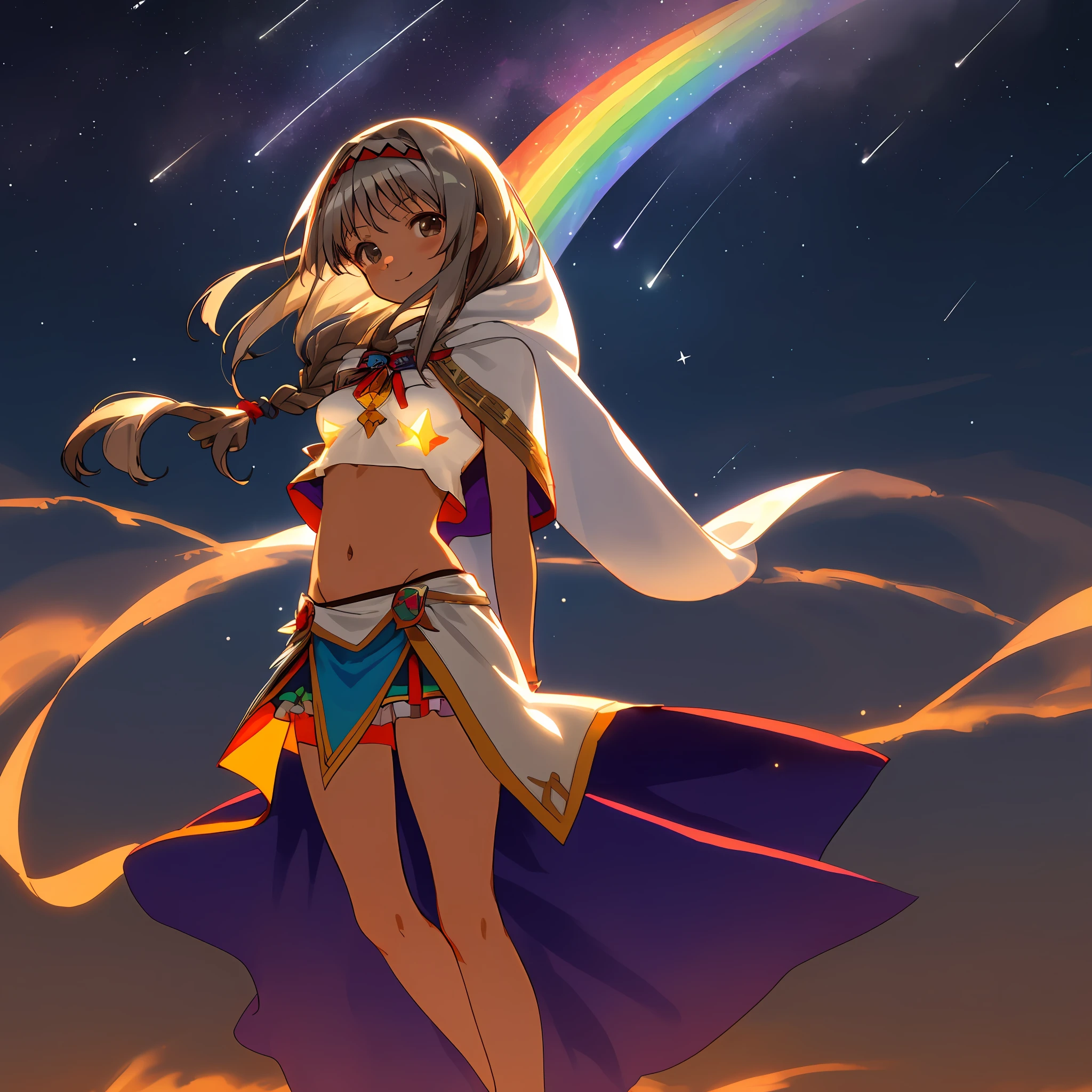 Tan skin, Aztec, anime girl, medium breasts, slender legs, thick thighs, mystical, midriff, stomach, medium skirt, sheer silver top, (brunette hair), long flowing hair, full body, gray eyes, (mature), small smile, head tilt, cute eyes, small sheer cloak, moon lit background, five fingers, normal hands, high resolution, (two arms), normal human hands, 2 arms, best quality, vibrant colors, rainbow, hands behind back, elbows bent 90, anime girl, goddess, clenched fists, stars, shooting stars background, professional lighting, bent over towards viewer, middle aged, 30 years old