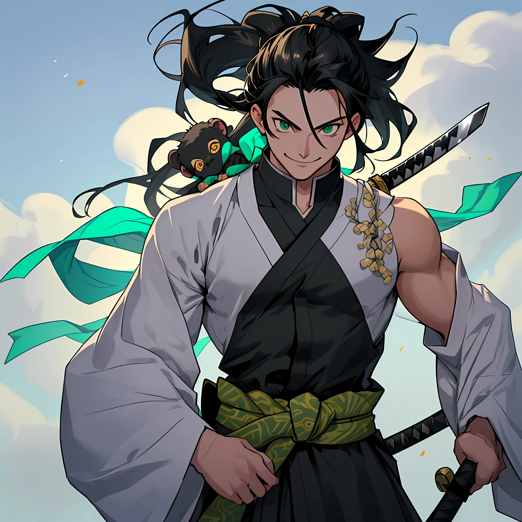 best quality (katana: 1.4), serious,(at night: 1.4), a single 18-year-old has long black hair that is loose to the winds, and poured down his body, smooth and shiny, which fall gently to his back. Her hair is thick and has a healthy appearance, contrasting with her fair skin. The young man's eyes are deep and emerald green, intense as two light pearls. They reflect calm and an inquisitive curiosity. With his upright posture, the young man shows a confident bearing and a cheerful and hyperactive aura. He wears a white kimono with blue-green details with patterned gray clouds, with a large yellow ribbon at his waist, sleeveless, made of a quality fabric. giving him the look of a swordsman. He has an animal, a monkey on his shoulder. At his waist, he carries a white katana with gray details on the blade. The long, sharp blade is made of polished steel, reflecting light. The katana grip is wrapped in black leather, offering a firm and secure grip. The scabbard of the sword adorned with demonic symbols. Kimetsu no Yaiba style, alone, 1boy, muscular man, demon slayer style, loose hair, quiet look, smiling, tall, confident, only 1, spilled hair, loose and big hair