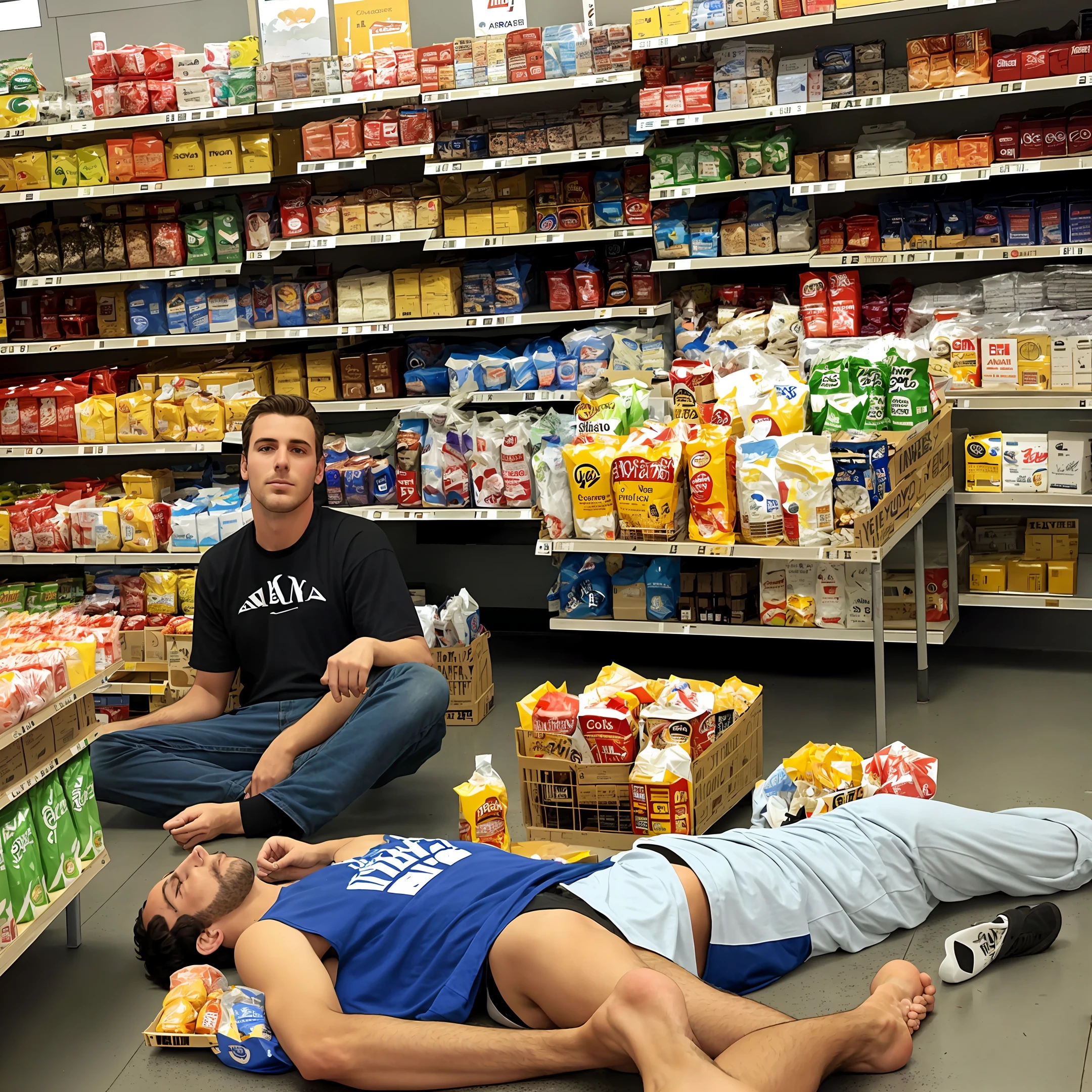 araffe man laying on the floor in a store with his feet up, very very low quality picture, stood in a supermarket, low quality photo, very perfect position, trapped in the backrooms, taking a smoke break, resting on a tough day, getting his tacos and drink), he is very relaxed, help me, sitting on a store shelf