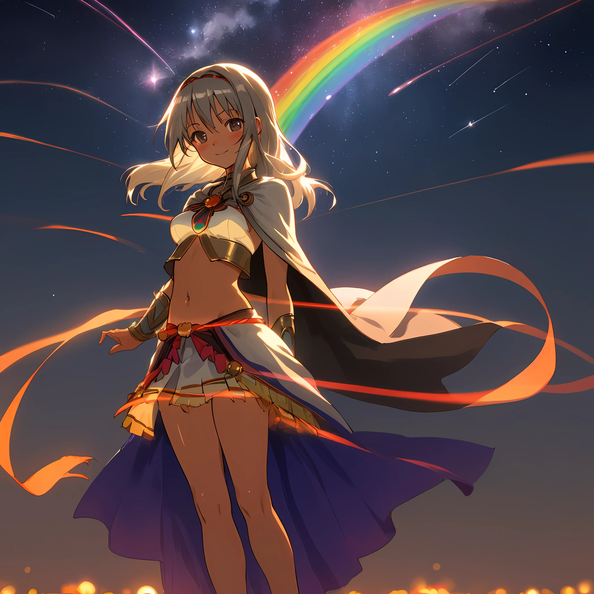 Tan skin, Aztec, anime girl, medium breasts, slender legs, thick thighs, mystical, midriff, stomach, medium skirt, sheer silver top, (brunette hair), long flowing hair, full body, gray eyes, (mature), small smile, head tilt, cute eyes, small sheer cloak, moon lit background, five fingers, normal hands, high resolution, (two arms), normal human hands, 2 arms, best quality, vibrant colors, rainbow, hands behind back, elbows bent 90, anime girl, goddess, clenched fists, stars, shooting stars background, professional lighting, bent over towards viewer, middle aged, 30 years old, light rays, realistic,