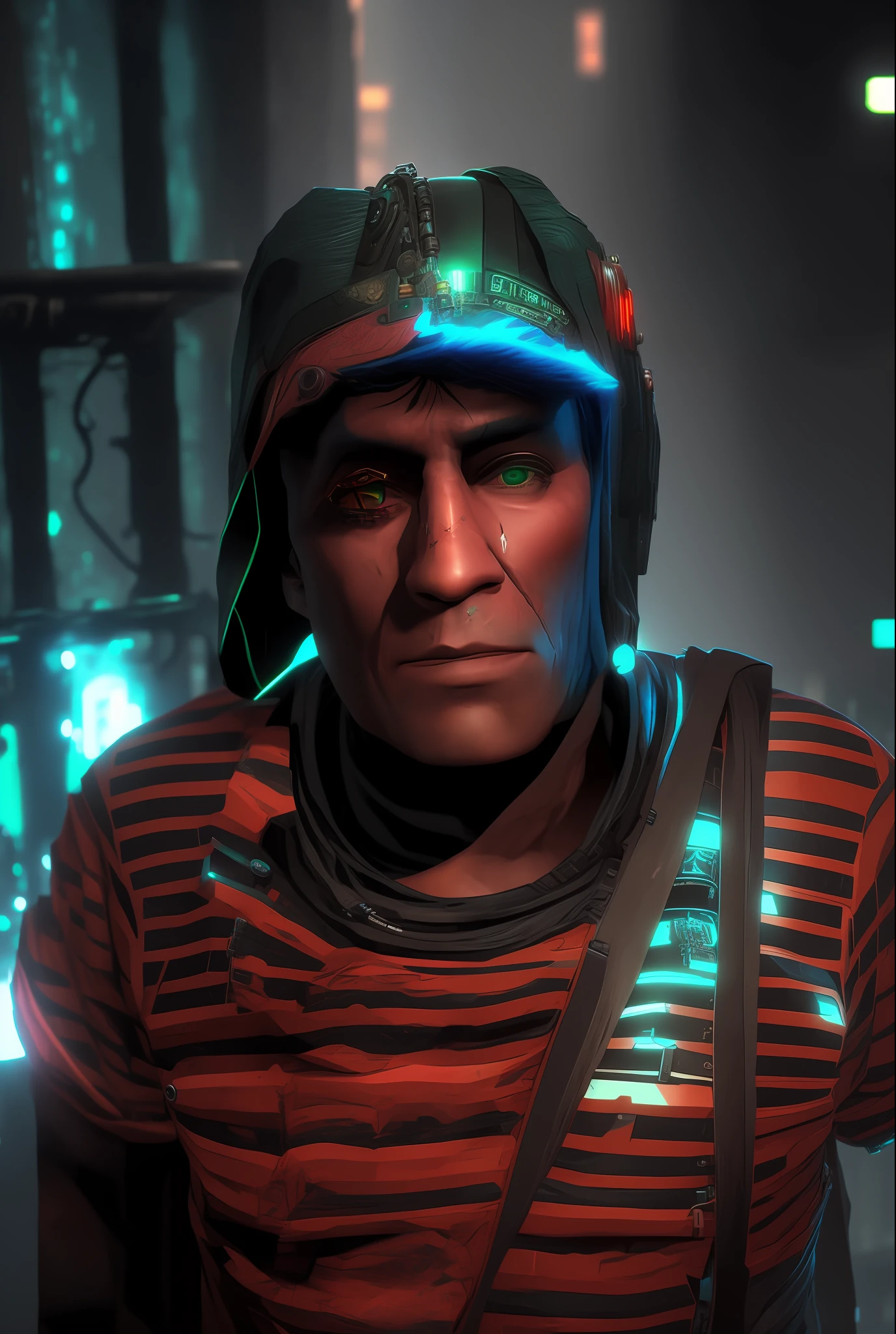 Chaves character with visual modifications, cyberpunk style
