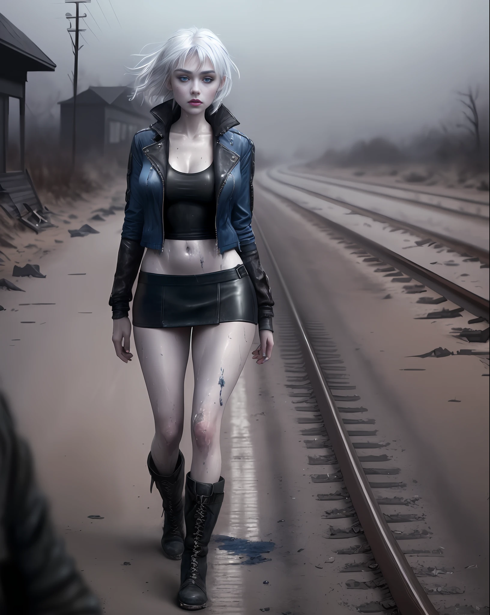 Imogen Poots (beautiful and bold, seductive, pointed breasts, dark lipstick, blue eyes, sweaty body, open black jacket, short skirt, boot, white hair with black lock, thick legs, attractive). (Train line, deserted road, dirt road, abandoned road, zombie movie, apocalyptic scenario, cinematic effect, night, cold), (Best quality, masterpiece, depth of field, Full HD, 4K, richness of detail). Portrait style
