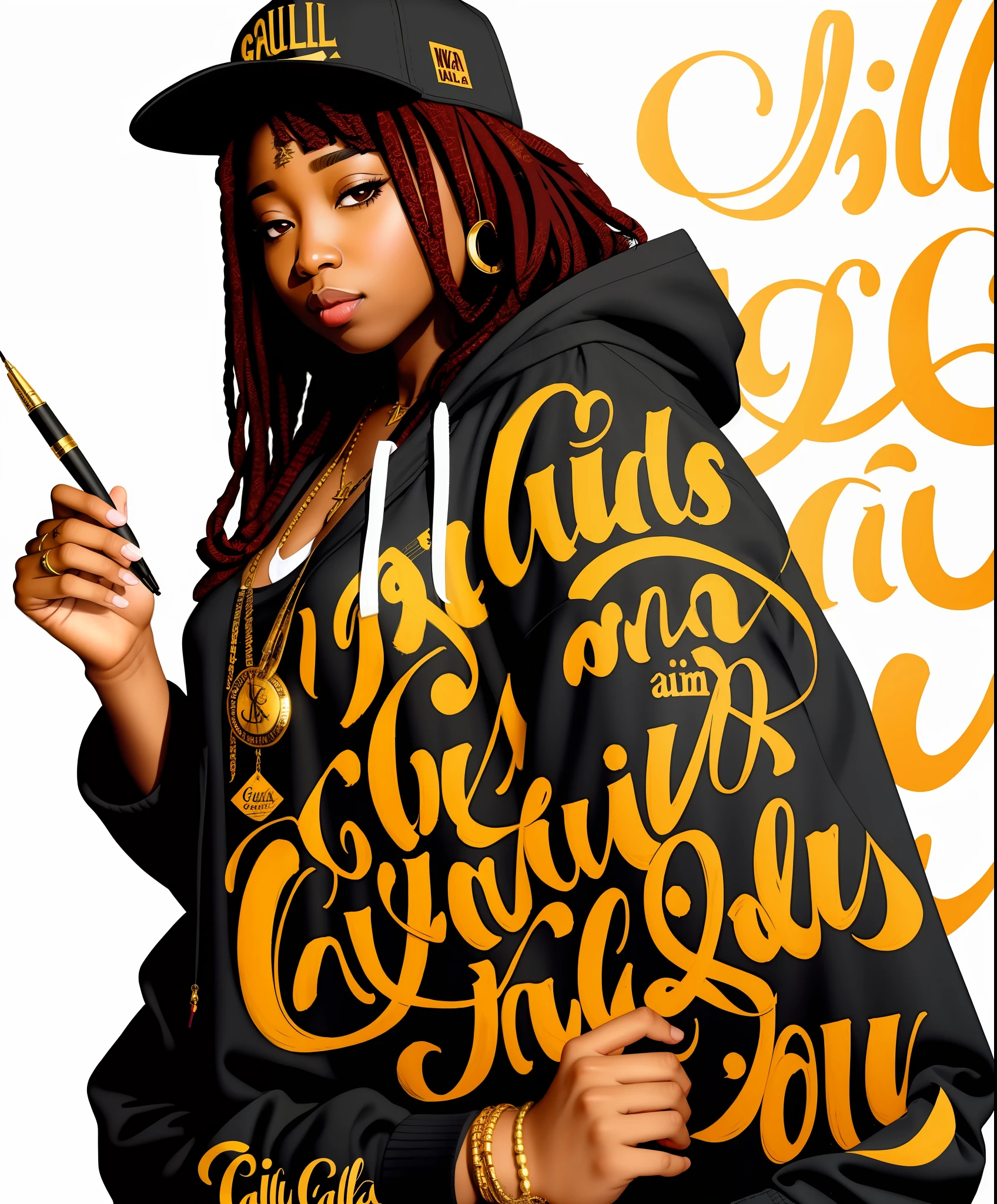 female writng with quill gangsta rap hip hop calligraphy