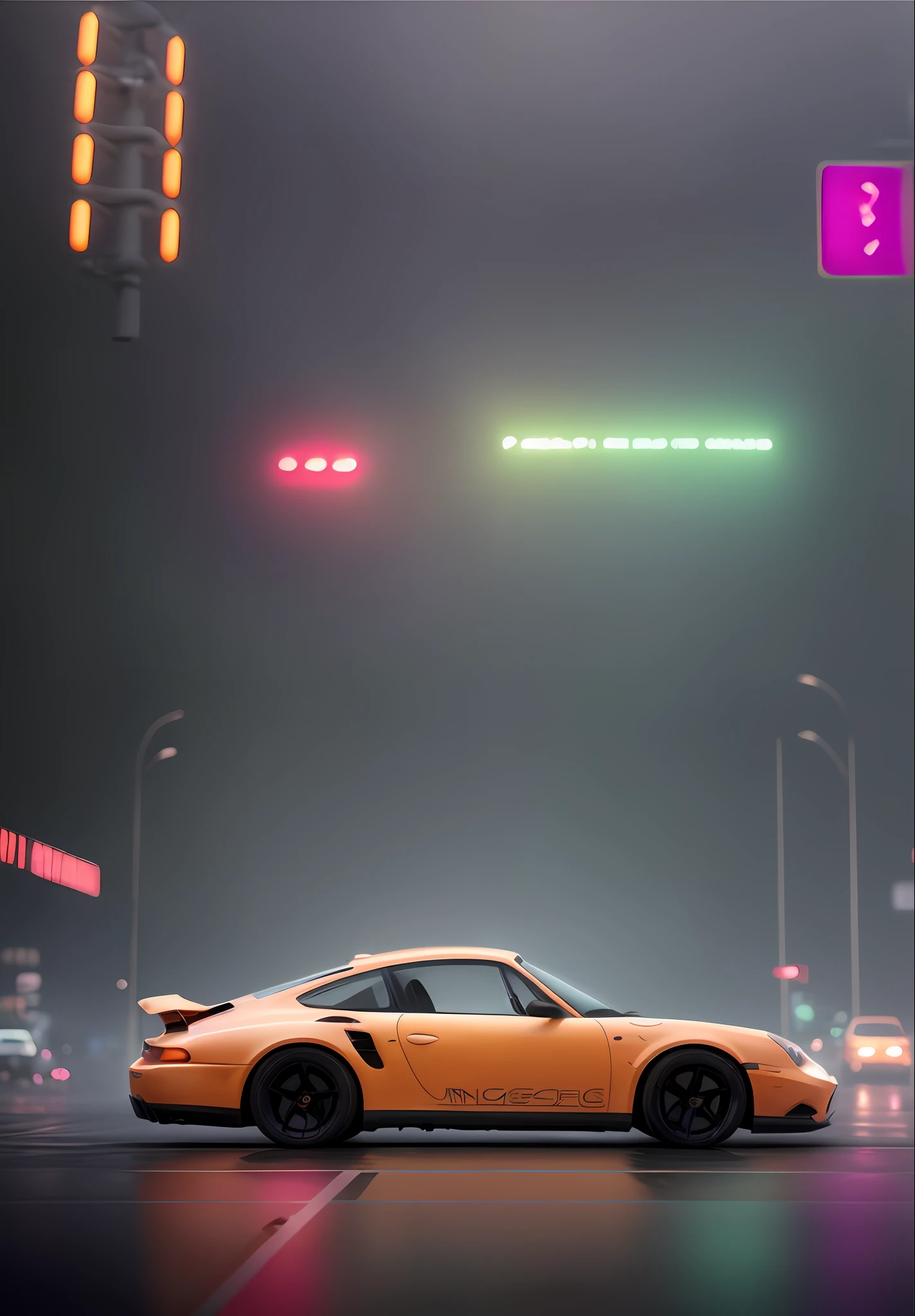 there is a yellow car driving down the street at night, foggy neon night, neon fog, orange fog, hq 4k phone wallpaper, misty neon lights, octane render. fog, foggy photo 8 k, soft neon atmosphere, hq 4k wallpaper, foggy mood, foggy lights, orange neon, cinematic colors lighting, orange mist, subtle fog and mood lighting