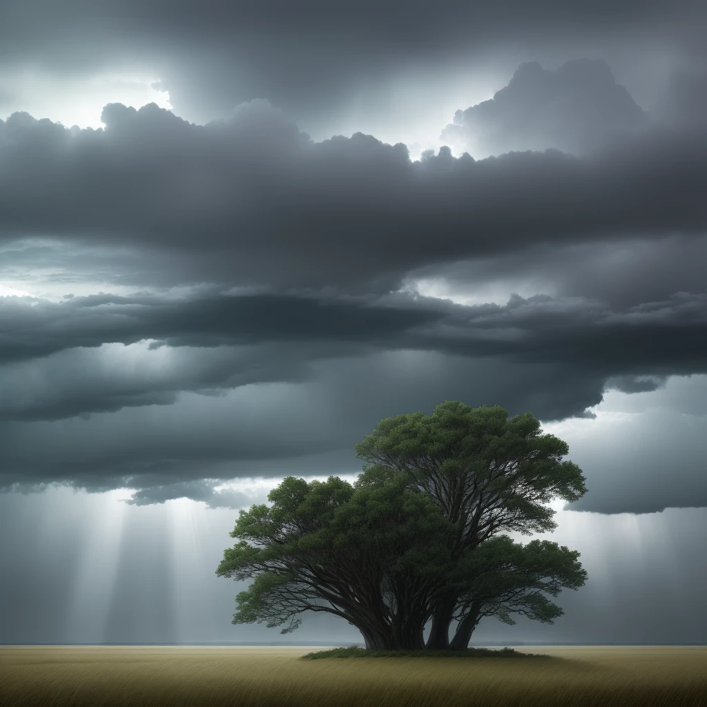 High quality, master quality, 4k, midnight rain, dim sunlight, highly detailed, thunder storm, dark stormy clouds, rushing wind, plain grass landscape, wet lands, few giant trees, even lighting, dramatic lighting, anime style, beautiful clouds