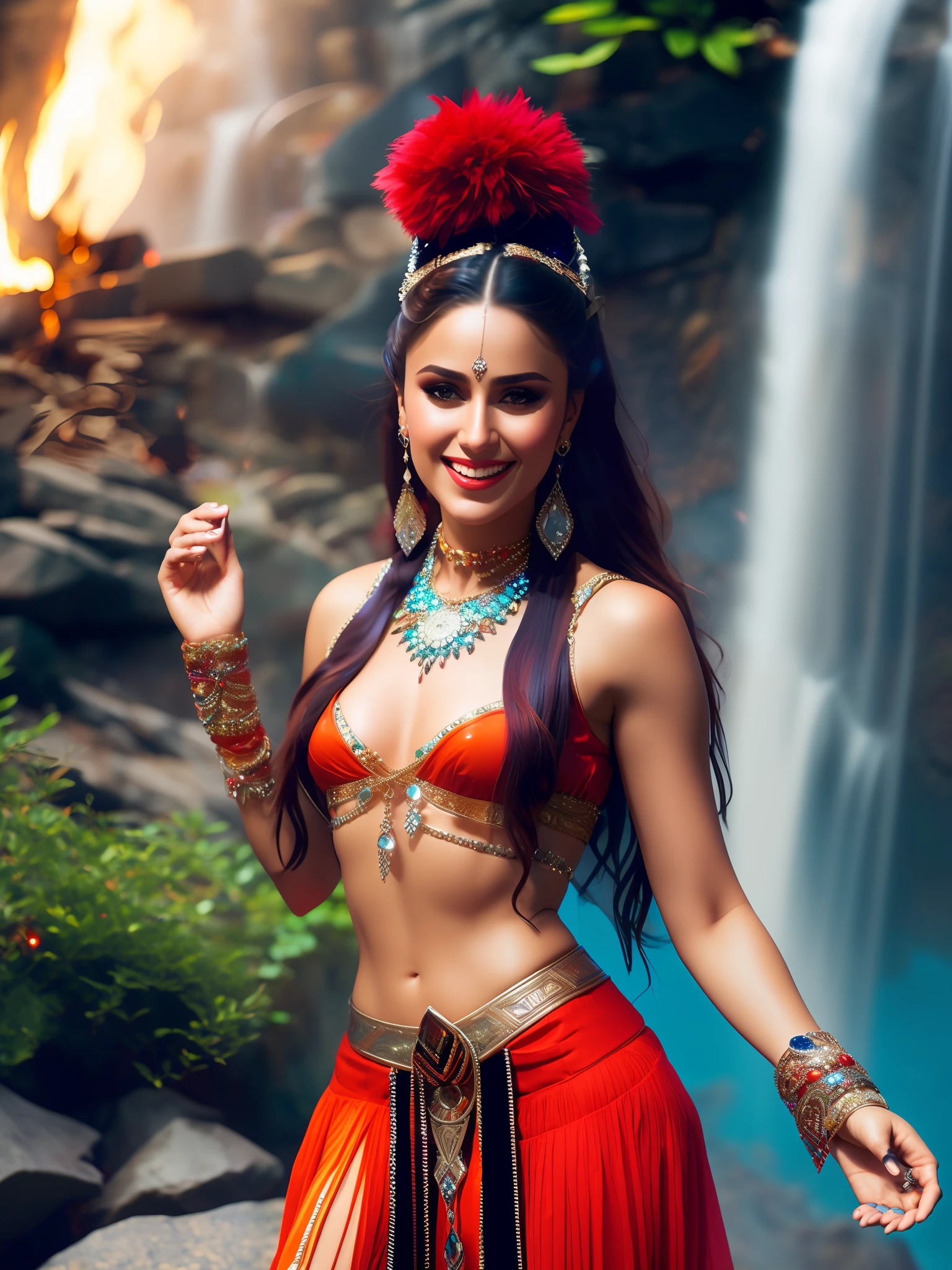 fking_scifi_v2, portrait of a young very beautiful gypsy dancer, dancing in front of a fire with a waterfall in the background, rich colorful clothes and jewelry, close up, joyful pose and attitude. fking_cinema_v2
