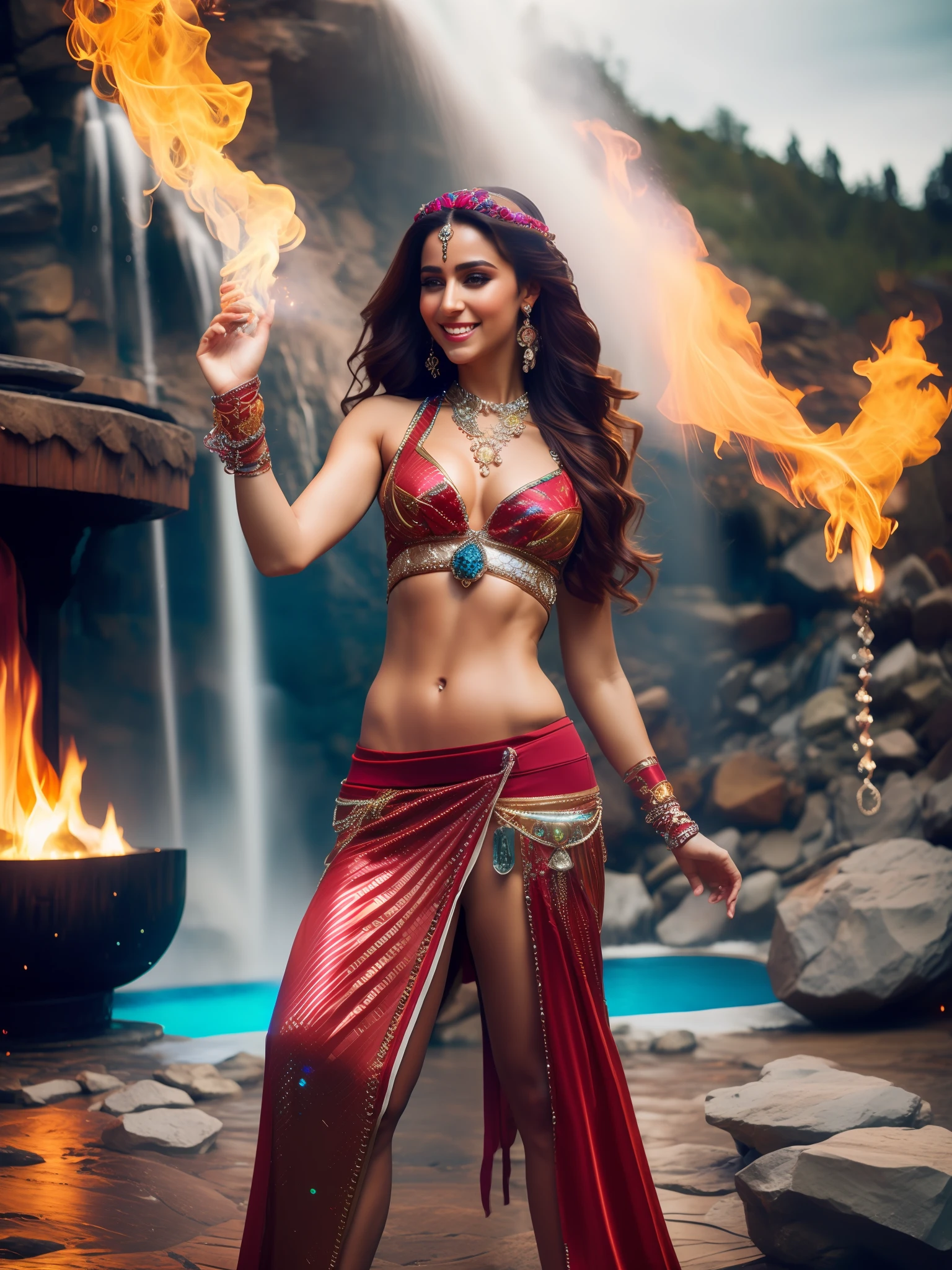 fking_scifi_v2, portrait of a young very beautiful gypsy dancer, dancing in front of a fire with a waterfall in the background, rich colorful clothes and jewelry, close up, joyful pose and attitude. fking_cinema_v2