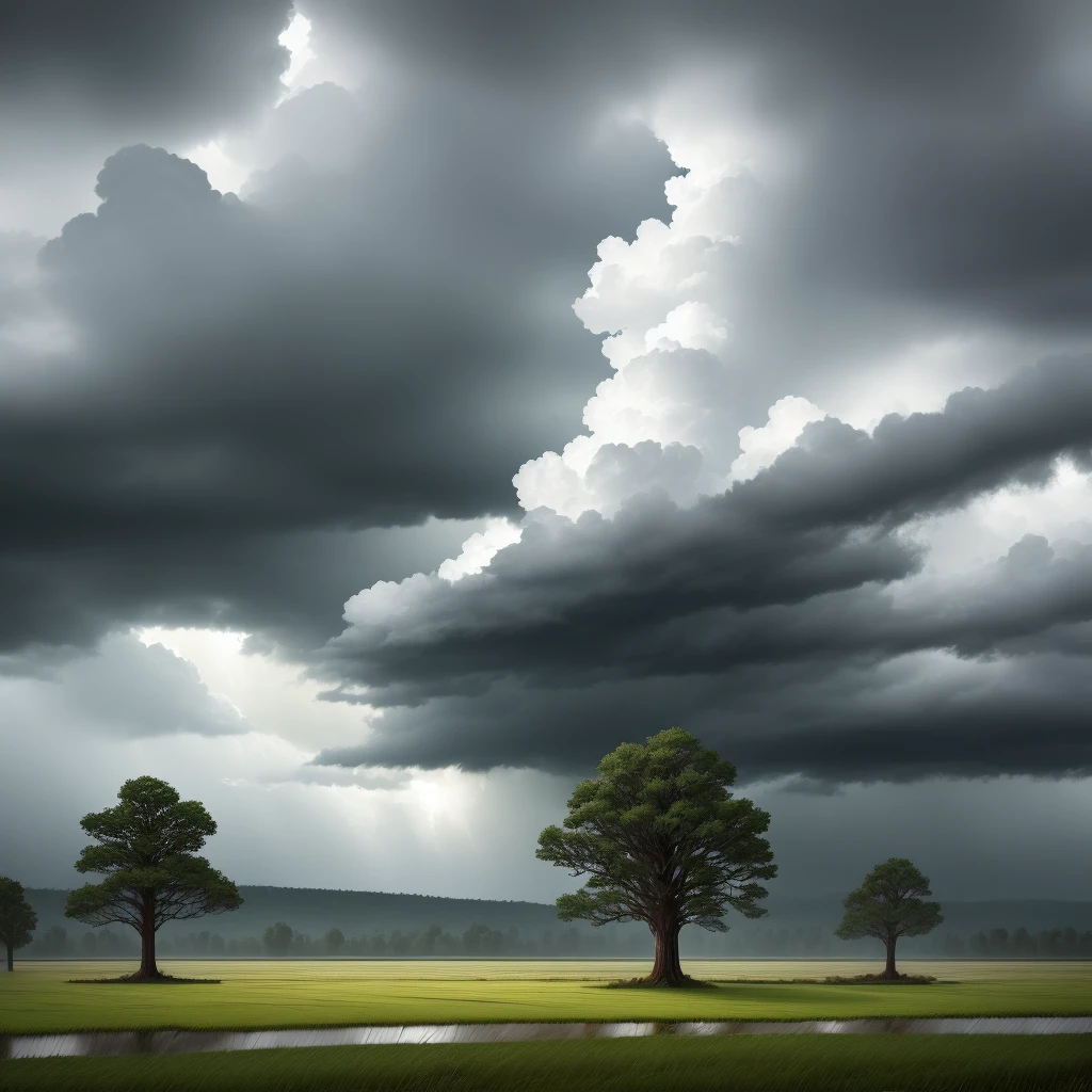 High quality, master quality, 4k, rainy weather, highly detailed, thunder storm, dark stormy clouds, rushing wind, plain grass landscape, wet lands, few giant highly detailed trees, even lighting, dramatic lighting, anime style, highly detailed beautiful clouds