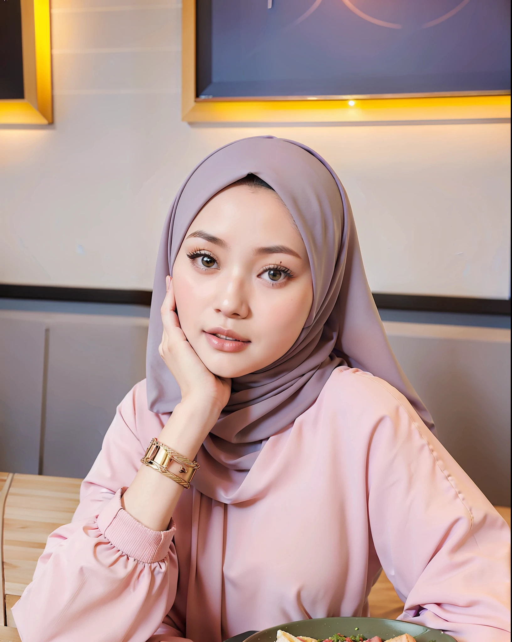 muslim woman wearing a hijab sitting at a table with a plate of food, hijab, zenra taliyah, inspired by Nazmi Ziya Güran, inspired by Fathi Hassan, inspired by Shaddy Safadi, dilraba dilmurat, faridah malik, headshot profile picture, malaysian, inspired by Maryam Hashemi, inspired by JoWOnder, lipstick