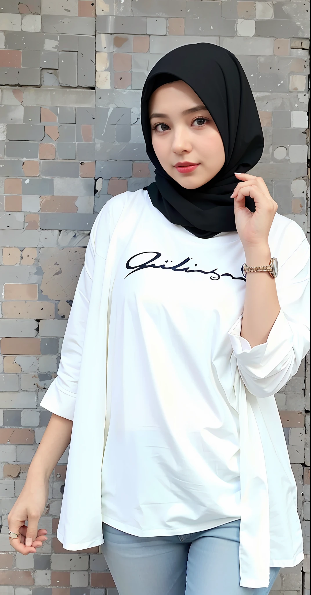 arafed woman wearing a white shirt and a black scarf, white hijab, inspired by Shaddy Safadi, caligraphy, hijab, katelynn mini cute style, in tshirt, casual clothing style, simple style, mohamed chahin style, simple clothing!!!!!, by Shaddy Safadi, selina, handsome girl, minimalistic!! simple, inspired by Naza, lip detail, pink lipstick