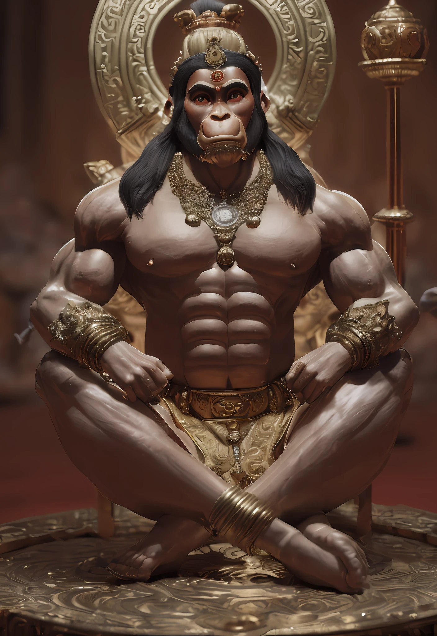 (extremely detailed CG unity 8k wallpaper, masterpiece, best quality), (Ultra realistic), Octane rendered, (full body digital illustration of Lord Hanuman, meditating in a Quarter Lotus posture, wearing extremely elegant ancient Indian gold ornaments, long flowing white-silver hair, Indian God big gold crown on the hear, the scene is from Himalayas, UHD, intricate details, ((Impressive Himalayan background)), (muscular body:1.3), (bodybuilder:1.3), ((Lord Hanuman)), ((ape face)), ((perfect artwork)), global illumination, subsurface scattering, specular lighting, hdr, 8K, full portrait