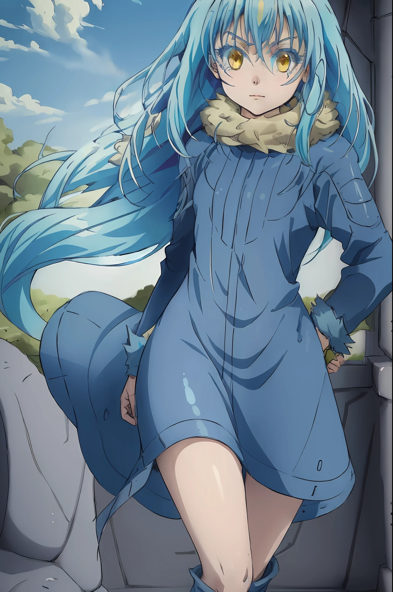 ((Best quality)), ((masterpiece)), (detailed), a girl walks in a castle with a closed jacket, yellow eyes and light blue hair. In the background you can see the Tempest Rimuru.cara super detailed,Rimuru Tempest face,feet,