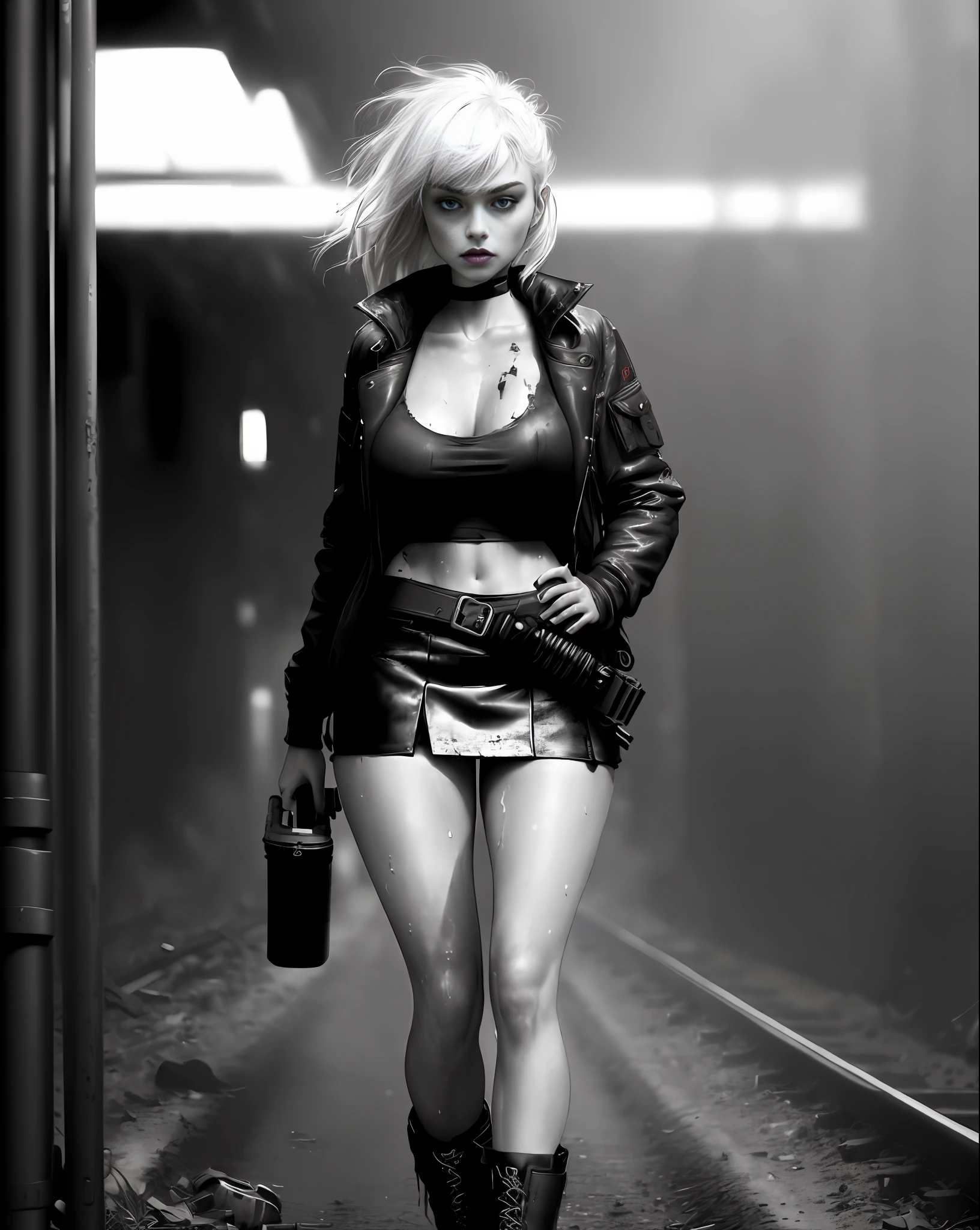 Imogen Poots (beautiful and bold, seductive, big breasts, dark lipstick, backpack on the back, gun in hand, sweaty body, open black jacket, short skirt, boot, white hair with black lock, thick legs, attractive). (Train line, deserted road, dirt road, abandoned road, zombie movie, apocalyptic scenario, cinematic effect, night, cold), (Best quality, masterpiece, depth of field, Full HD, 4K, richness of detail). Portrait style
