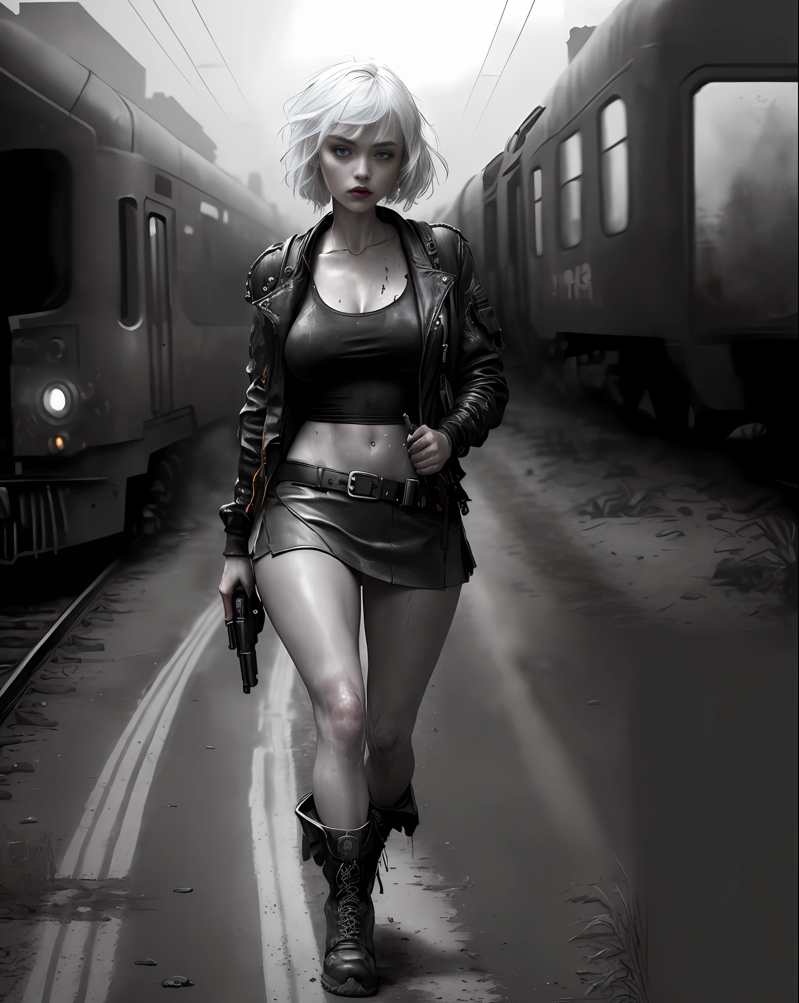 Imogen Poots (beautiful and bold, seductive, big breasts, dark lipstick, backpack on the back, gun in hand, sweaty body, open black jacket, short skirt, boot, white hair with black lock, thick legs, attractive). (Train line, deserted road, dirt road, abandoned road, zombie movie, apocalyptic scenario, cinematic effect, night, cold), (Best quality, masterpiece, depth of field, Full HD, 4K, richness of detail). Portrait style