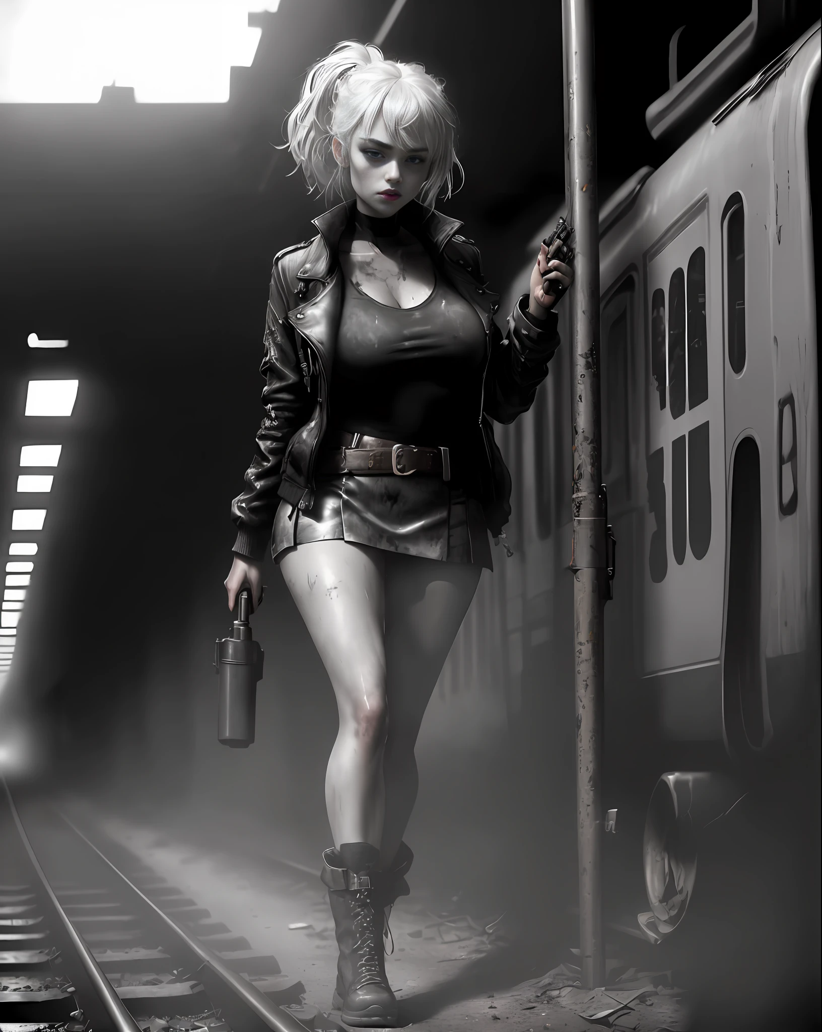 Imogen Poots (beautiful and bold, seductive, big breasts, dark lipstick, backpack on the back, gun in hand, sweaty body, open black jacket, short skirt, boot, white hair with black lock, thick legs, attractive). (Train line, deserted road, dirt road, abandoned road, zombie movie, apocalyptic scenario, cinematic effect, night, cold), (Best quality, masterpiece, depth of field, Full HD, 4K, richness of detail). Portrait style