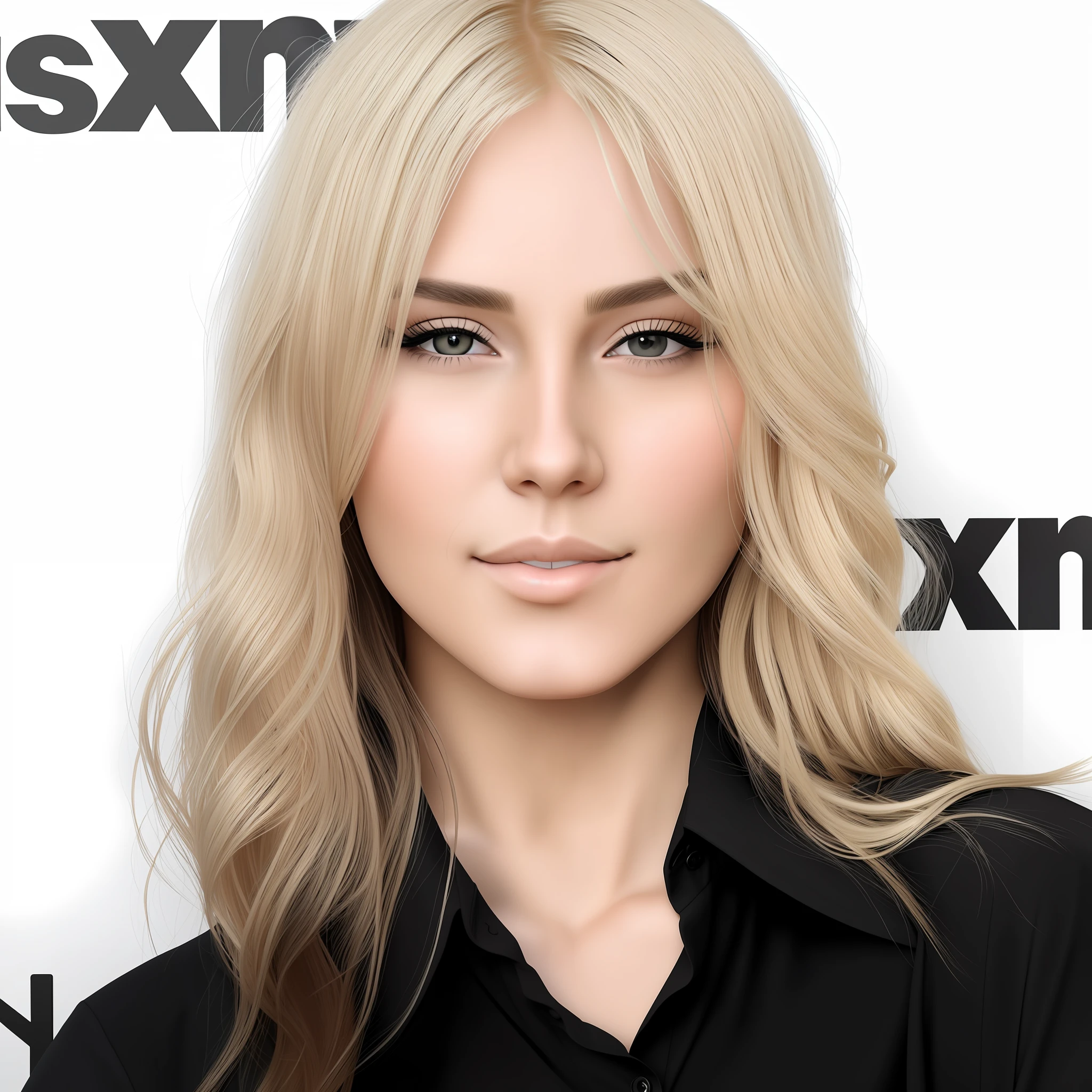 Blonde woman with long hair and black shirt posing for a photo, The illustration is a high-definition illustration in 4K resolution, featuring highly detailed facial features and cartoon-style visuals.