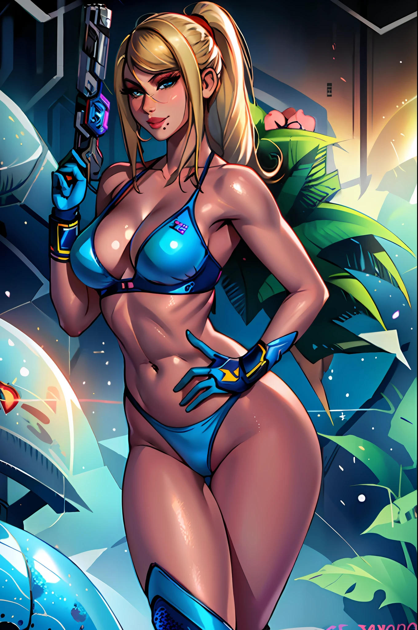 (masterpiece: 1.2), (best quality: 1.2), perfect eyes, perfect face, perfect lighting, 1girl, mature female, samus, mole, transparent bikini, smiling, toned, gun, one hand on hip, detailed background, scfi-fi, thick eyelashes, makeup, eyeshadow