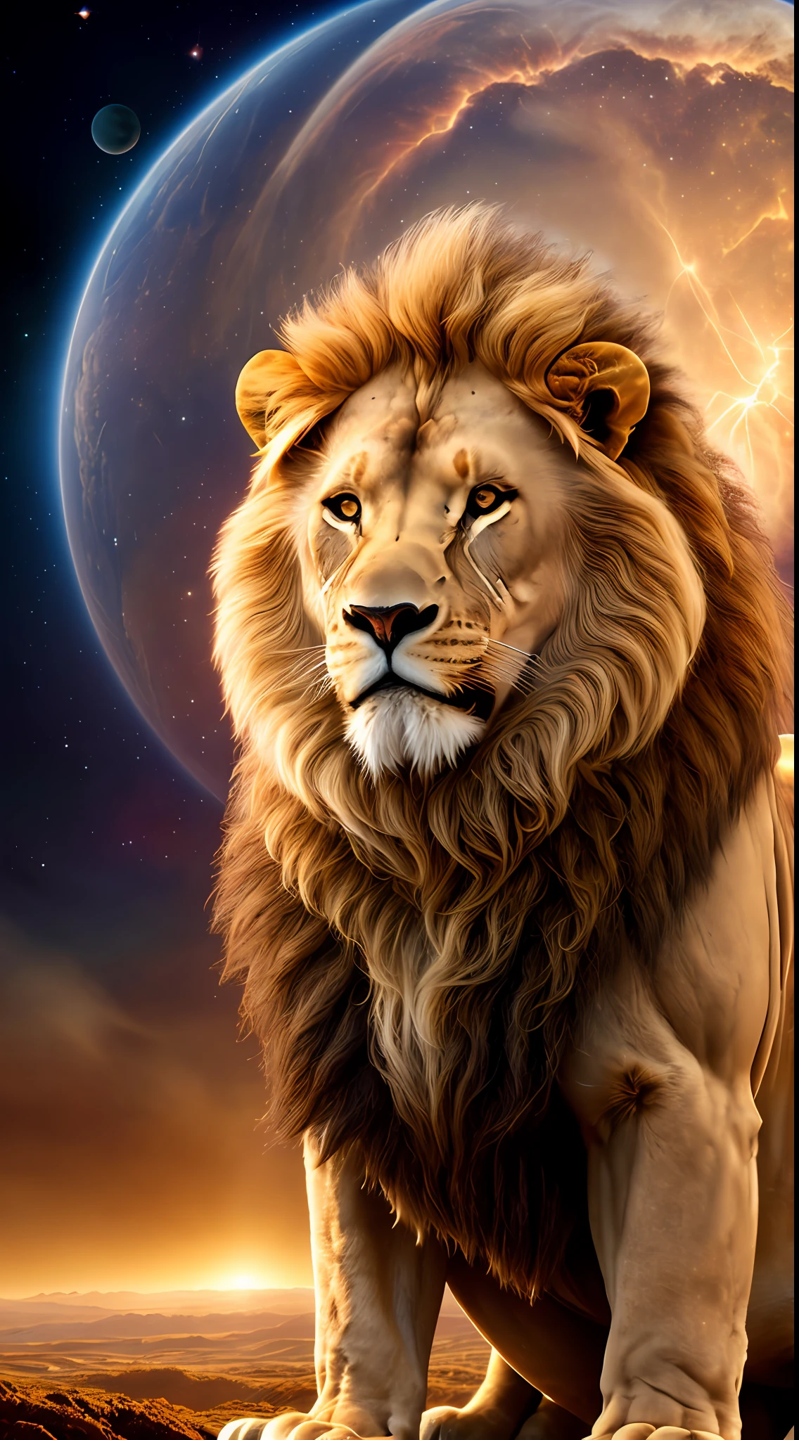 Photograph taken from afar of a humanoid lion in full king's outfit sitting on the throne, with background nebula ((best anatomy)) hyperrealism, realism, proportional, total quality, stylized