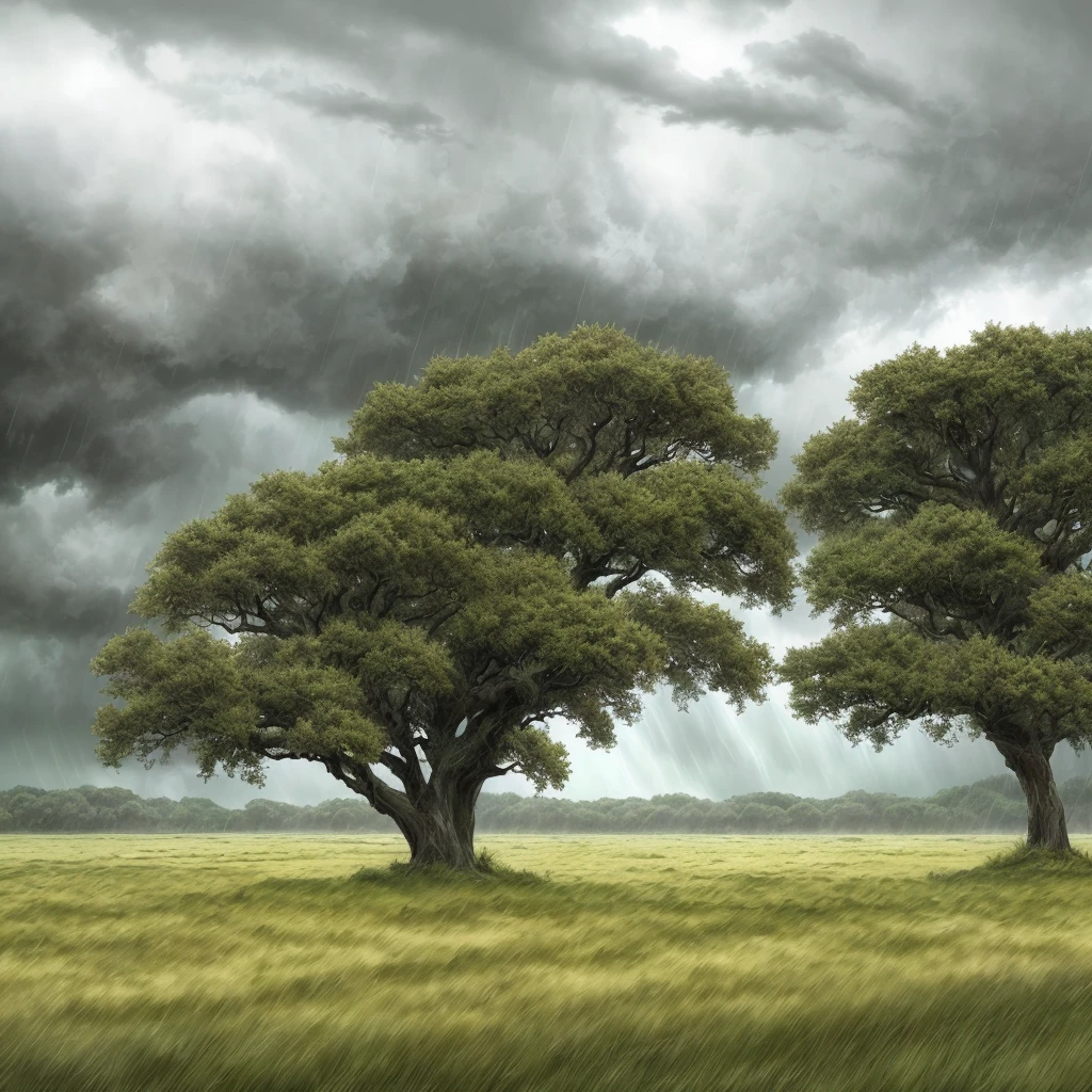High quality, master quality, 4k, rain, highly detailed, thunder storm, dark stormy clouds, rushing wind, plain grass landscape, wet lands, few giant detailed trees, even lighting, dramatic lighting, anime style, even sunlight, vibrant highly detailed colors, water color clouds, ultra realistic, anime, soft textures, high detailed clouds